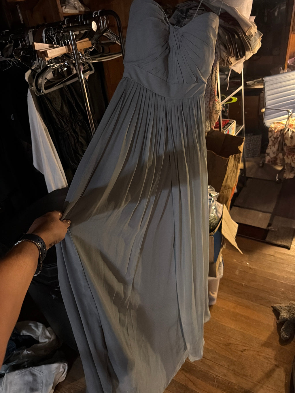 Jenny Yoo Collection Dusty Blue Pleated Spaghetti Strap Formal Maxi Dress