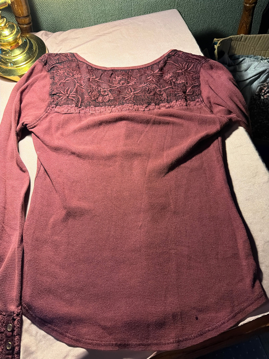 Lucky Brand Lace Thermal Henley Top – Mauve/Plum, Size M
