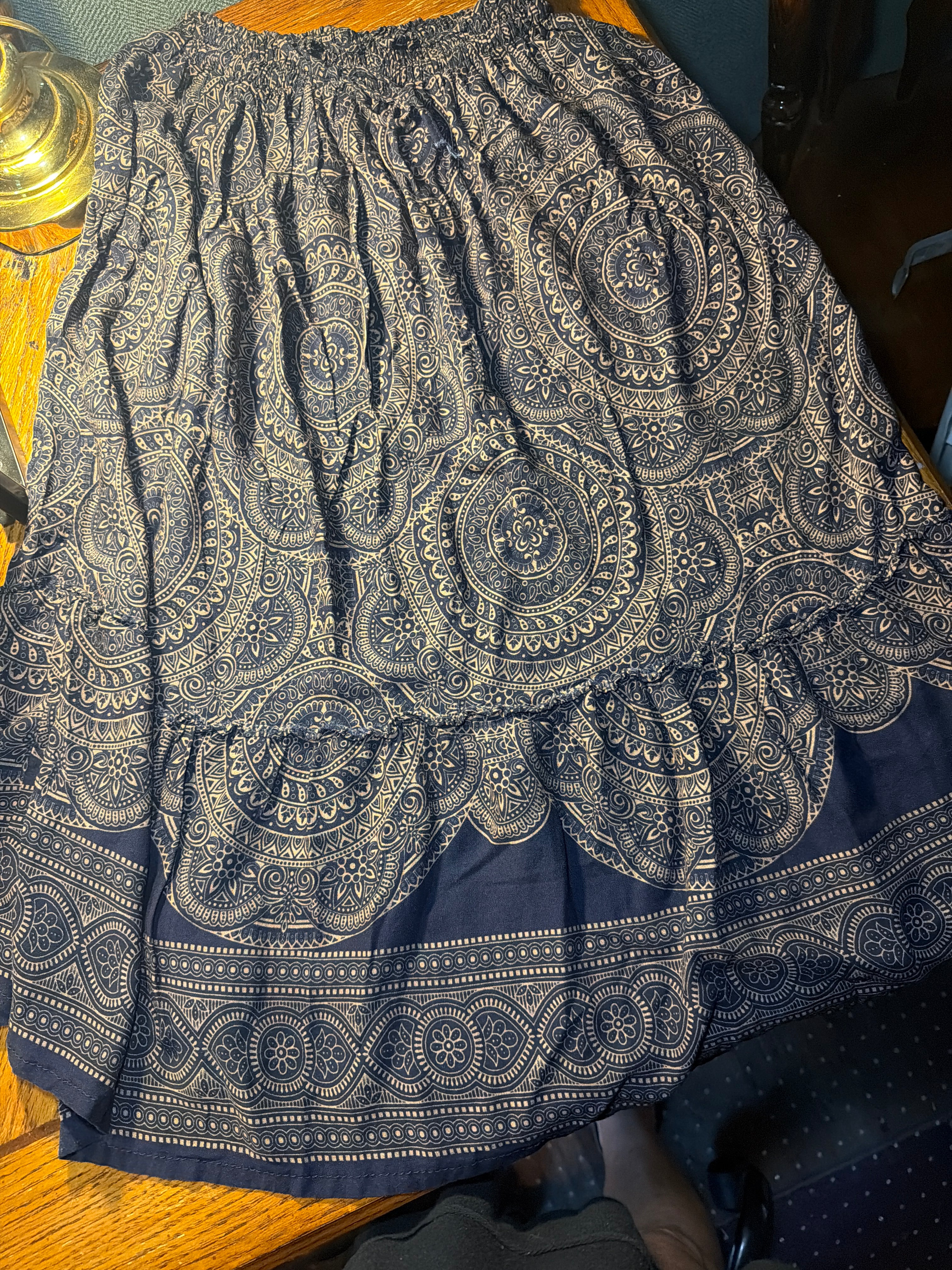 Navy Blue Paisley Boho Tiered Maxi Skirt