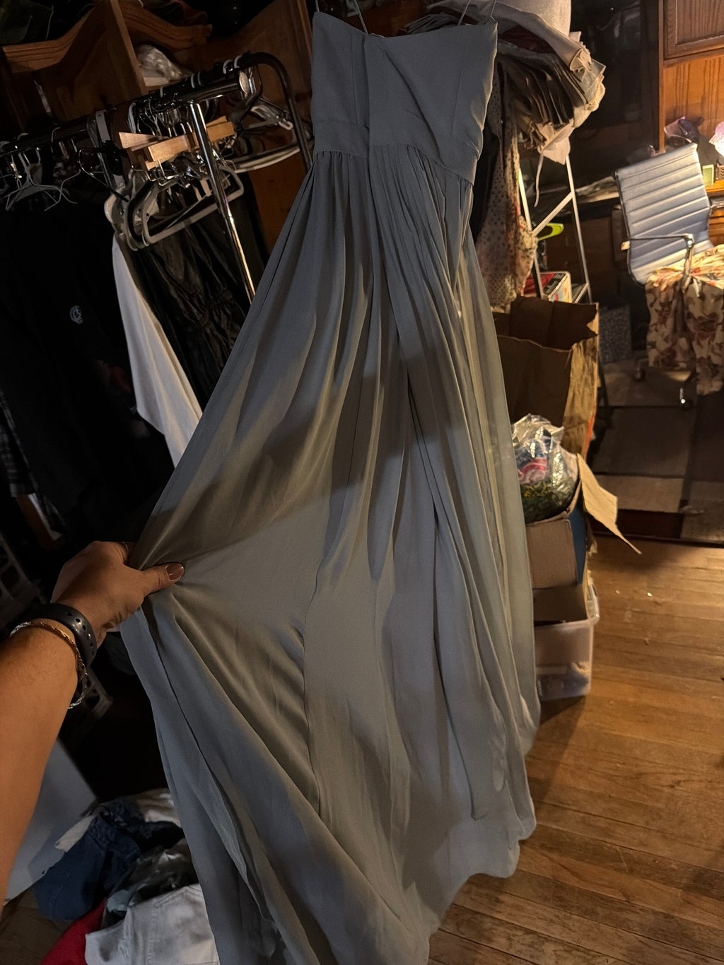 Jenny Yoo Collection Dusty Blue Pleated Spaghetti Strap Formal Maxi Dress