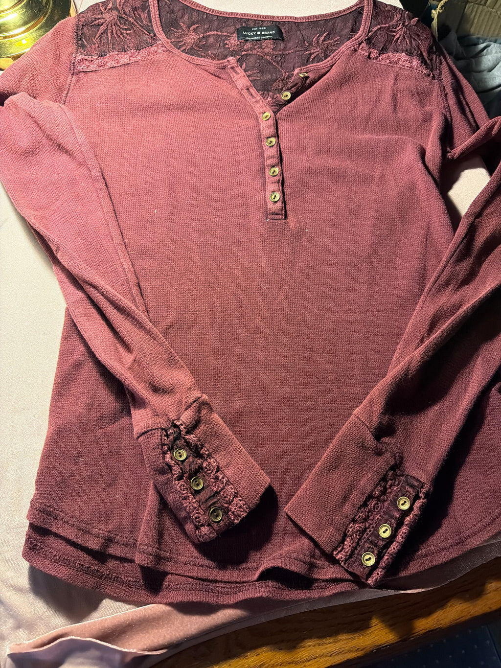 Lucky Brand Lace Thermal Henley Top – Mauve/Plum, Size M