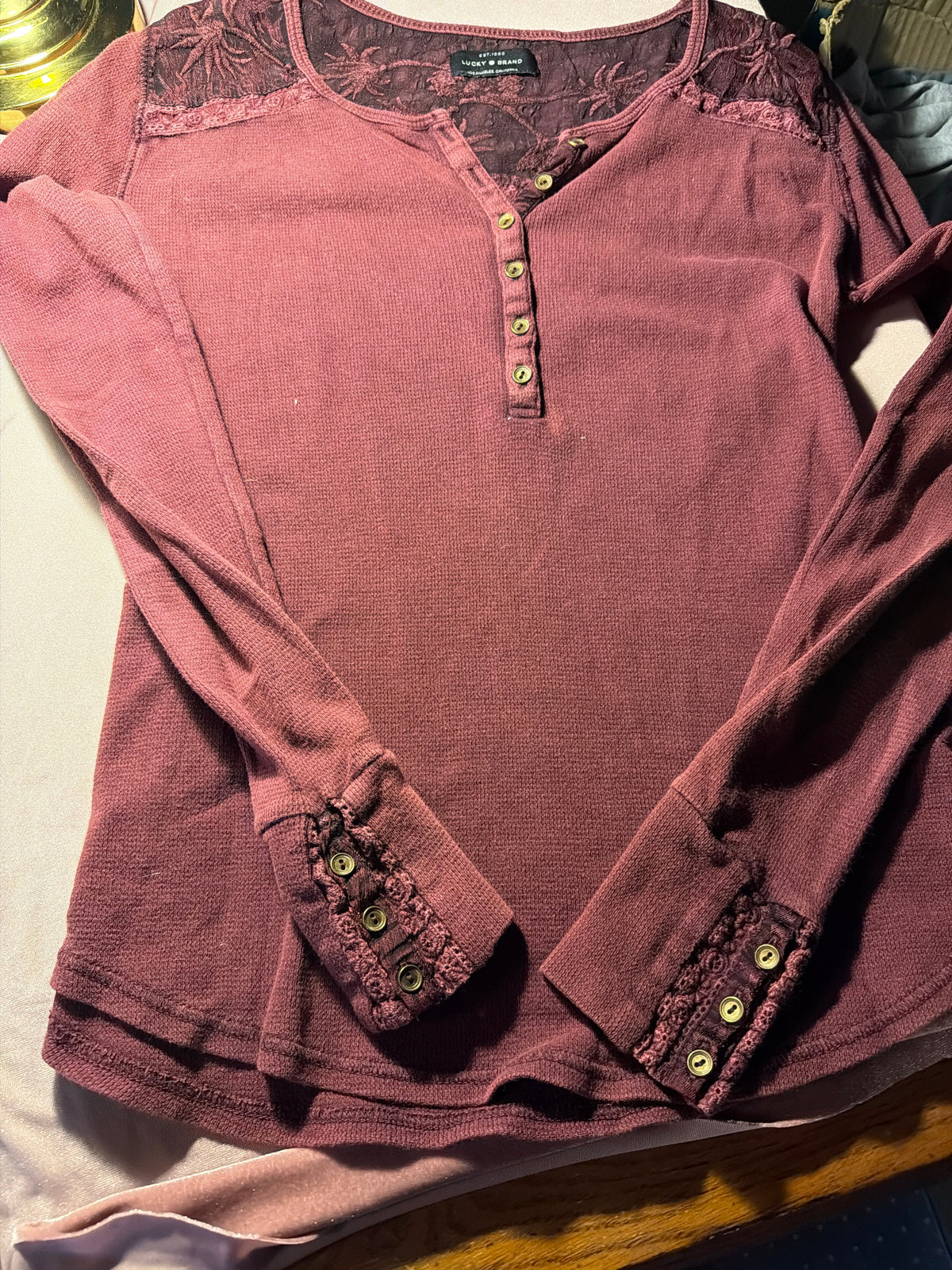 Lucky Brand Lace Thermal Henley Top – Mauve/Plum, Size M