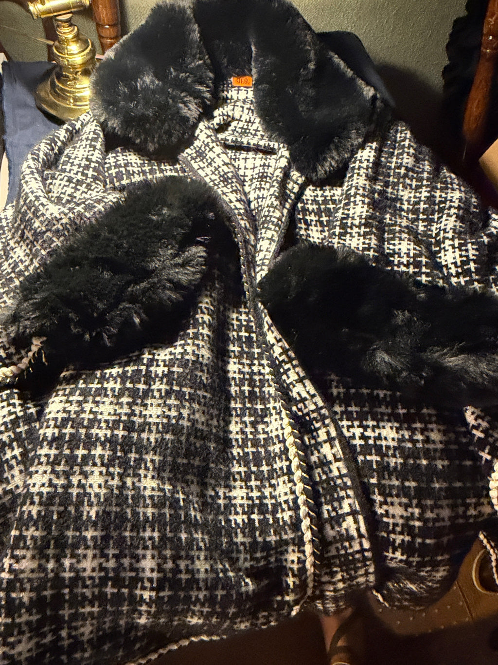 CR Fashion Houndstooth Coat with Faux Fur Collar & Cuffs