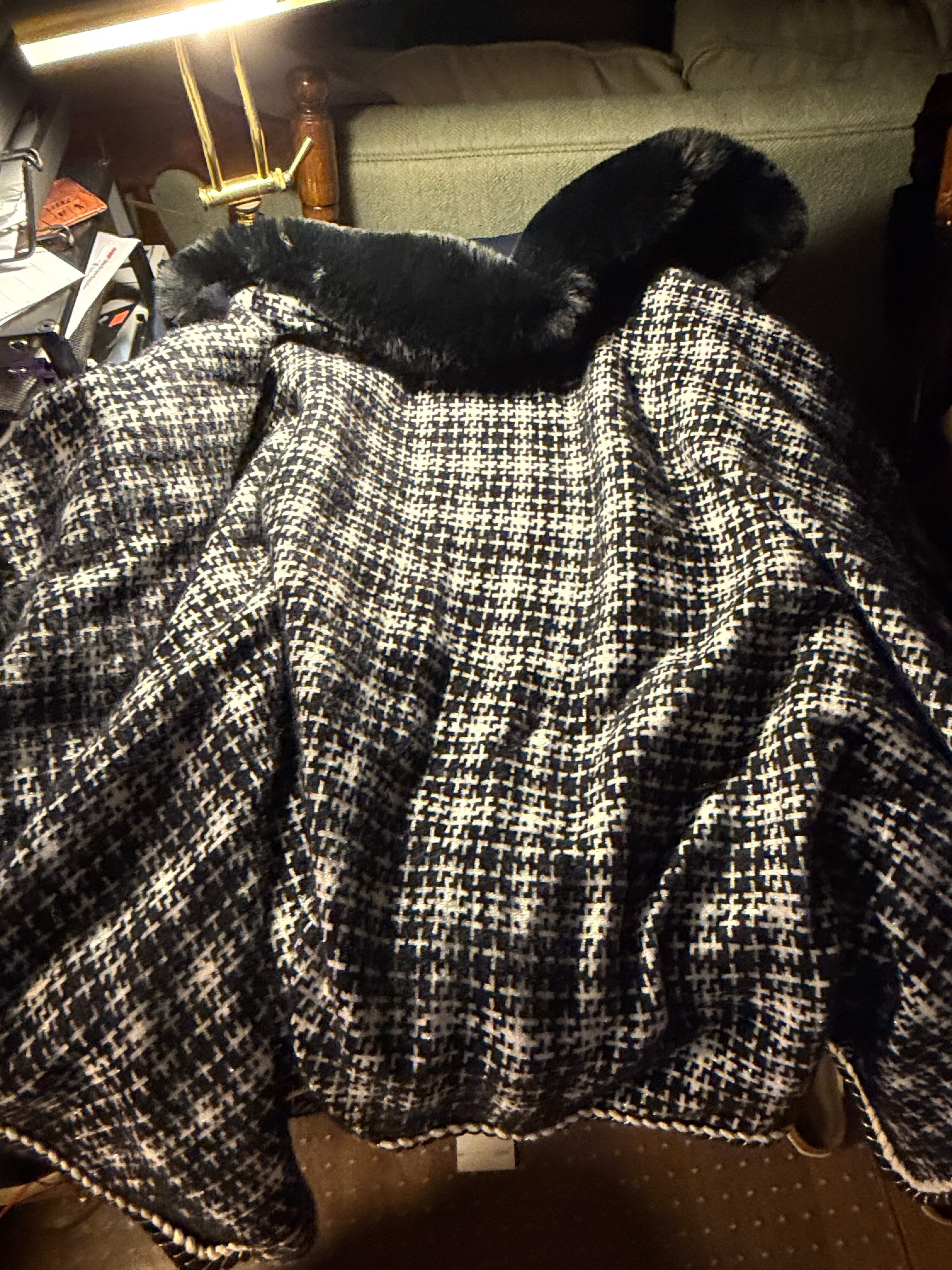 CR Fashion Houndstooth Coat with Faux Fur Collar & Cuffs