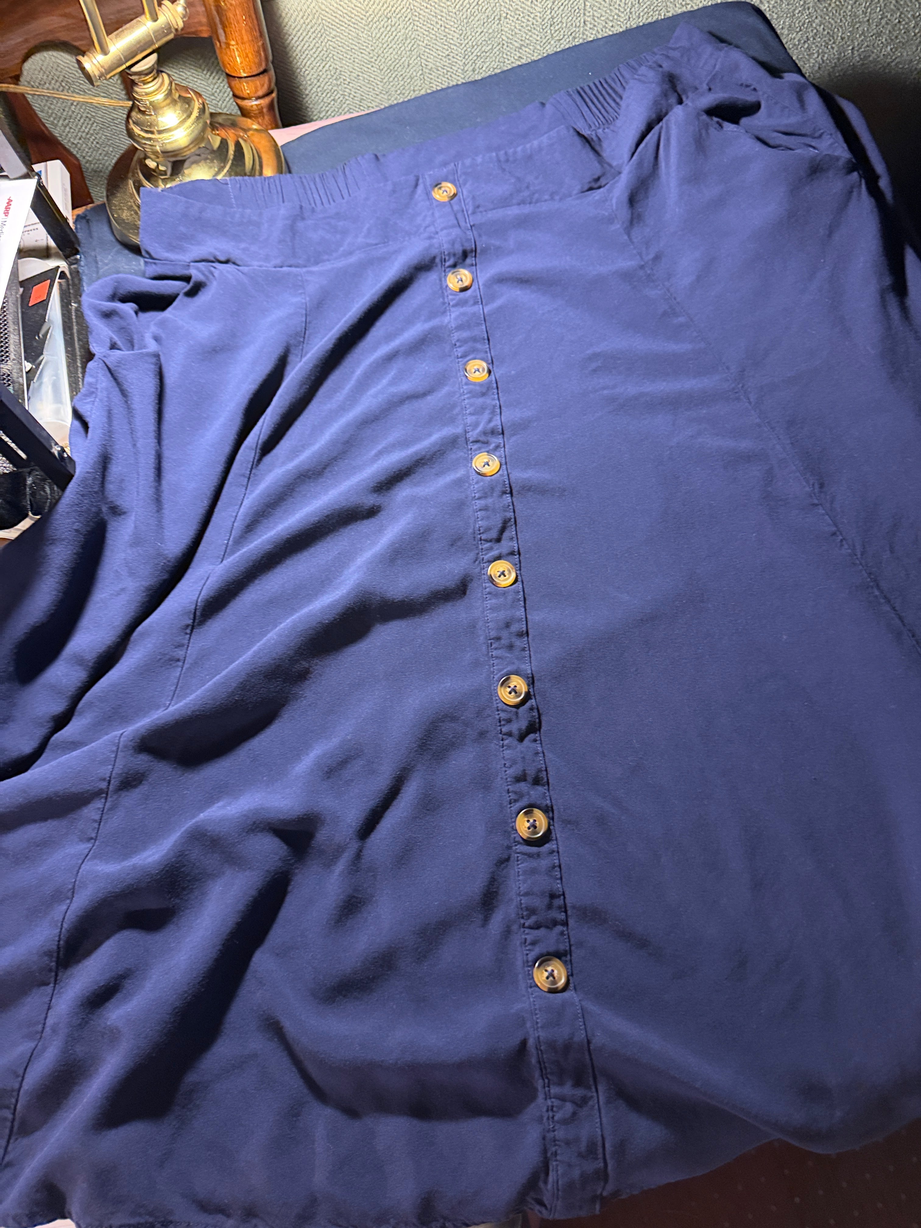 Torrid Navy Blue Gathered Midi Skirt with Gold Buttons – Size 2