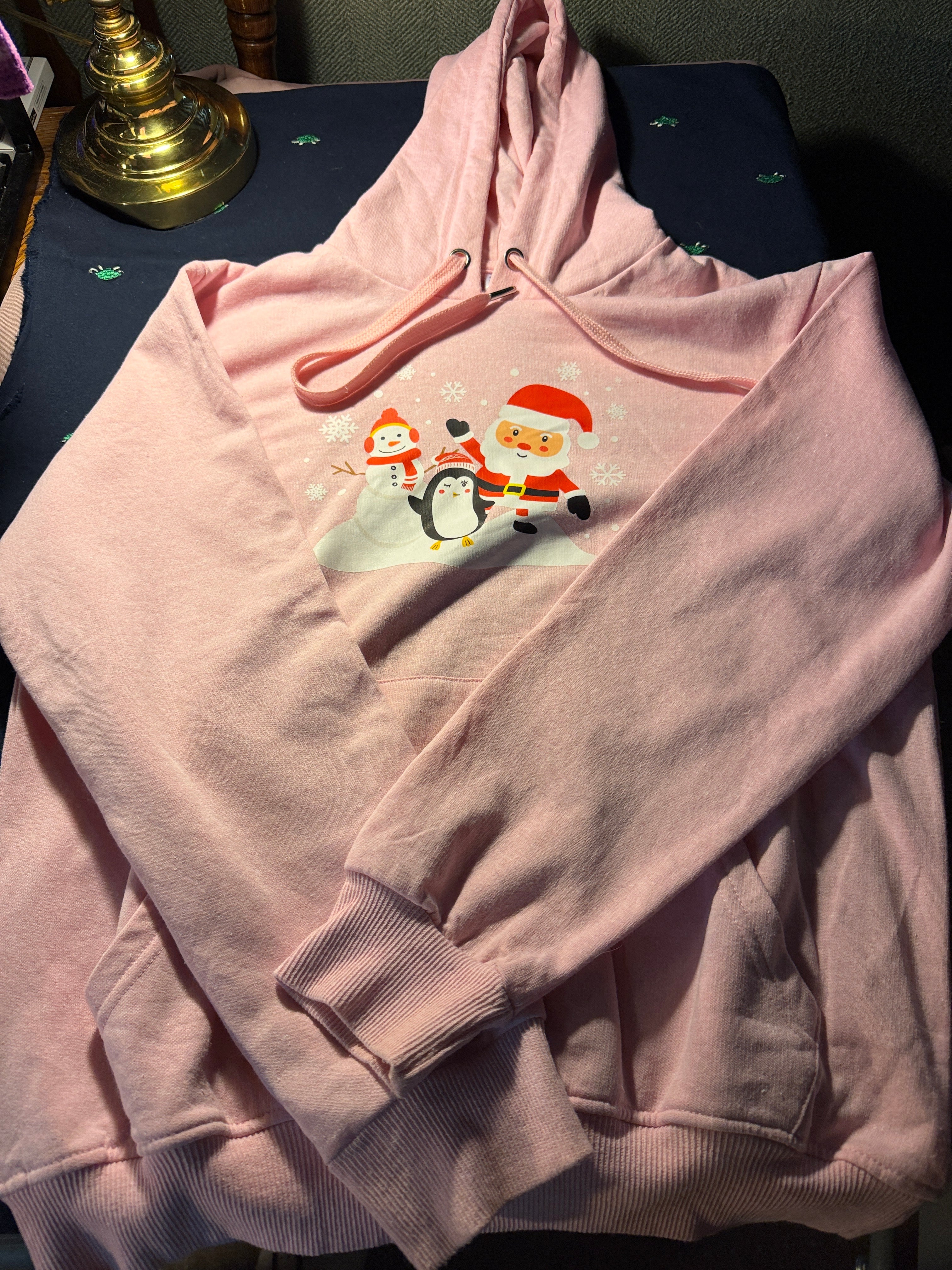 Pink Christmas Hoodie – Santa & Friends Graphic – Size XL