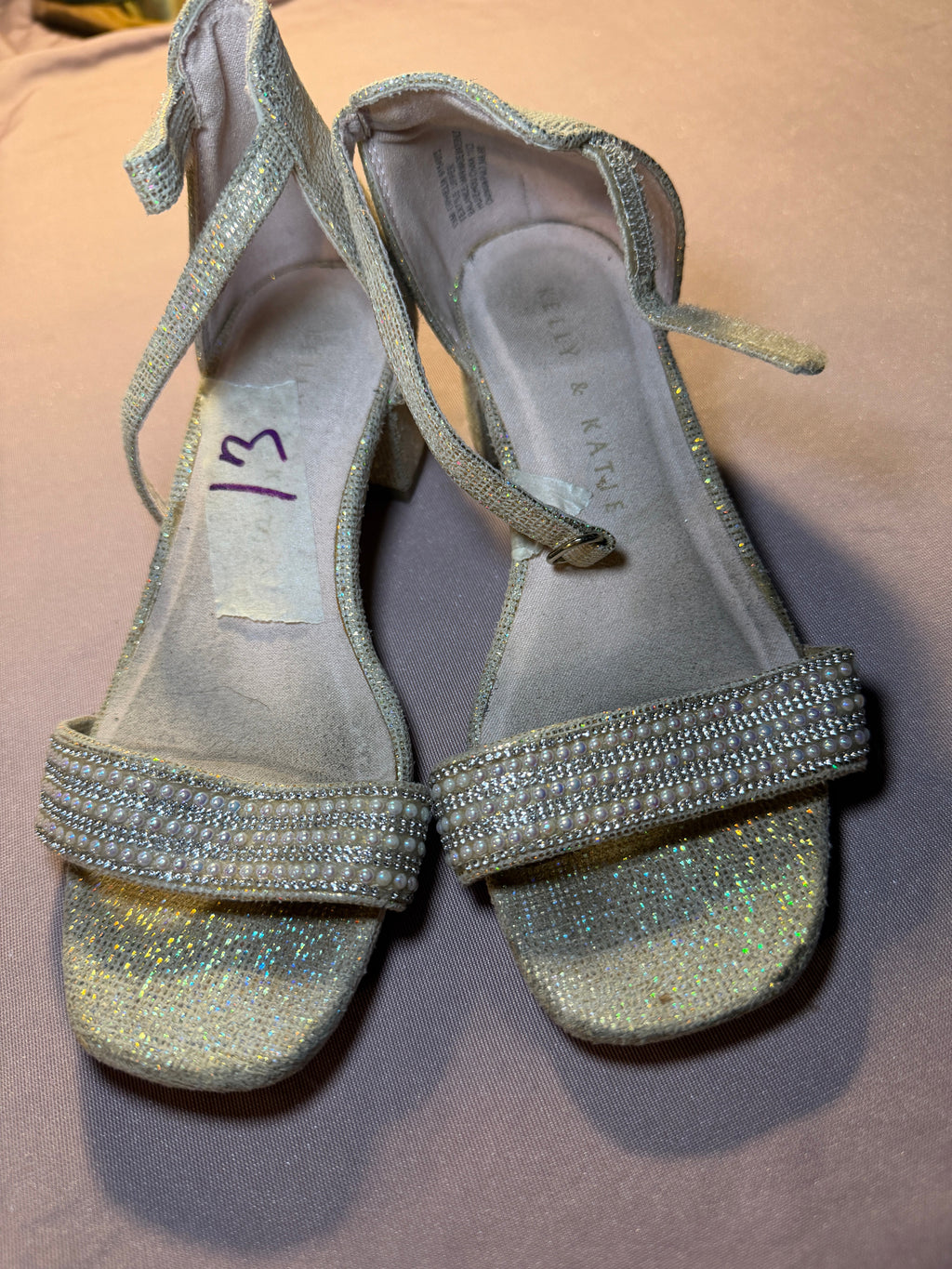 Ally & Katie Glitter Pearl Ankle Strap Heeled Sandals – Size 13 (Kids)