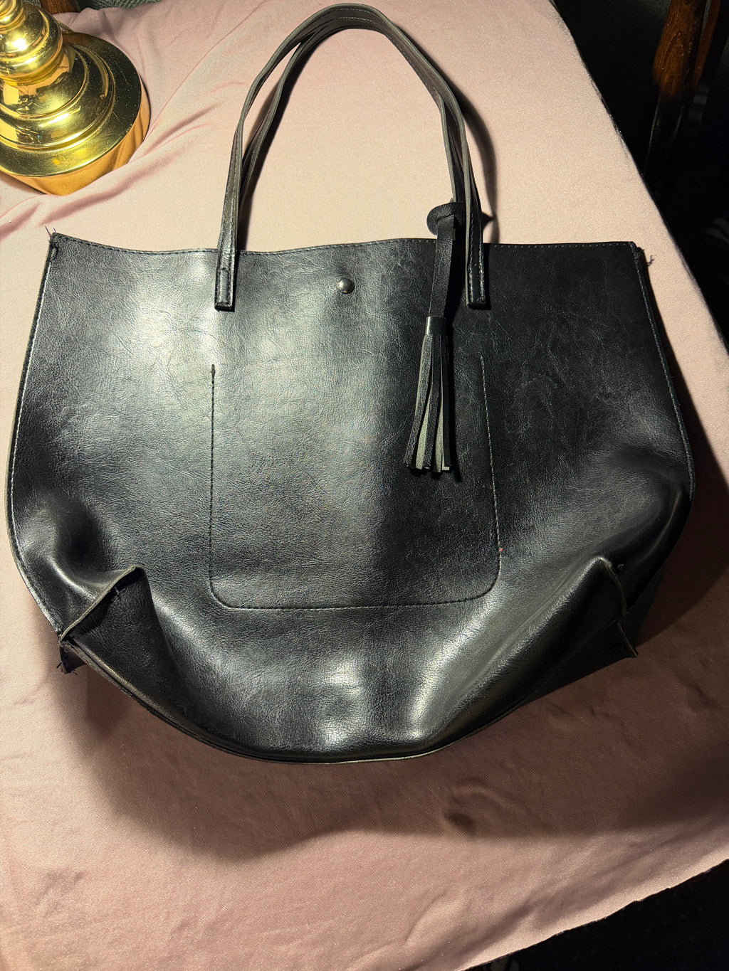 Preloved Large Black Real Leather Tote Bag with Tassel