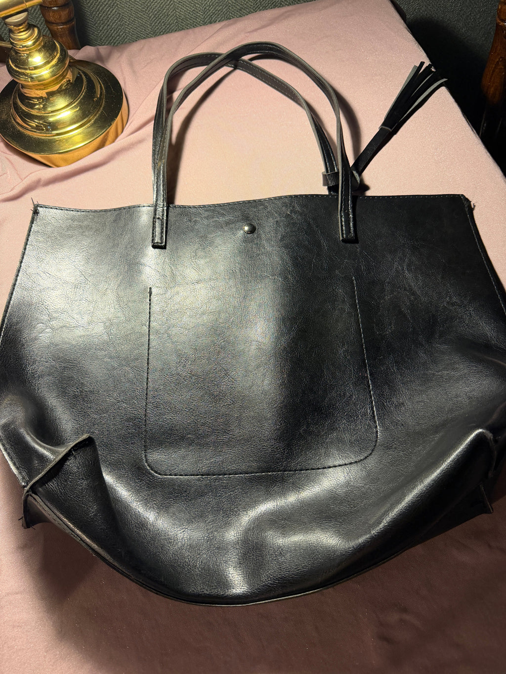 Preloved Large Black Real Leather Tote Bag with Tassel
