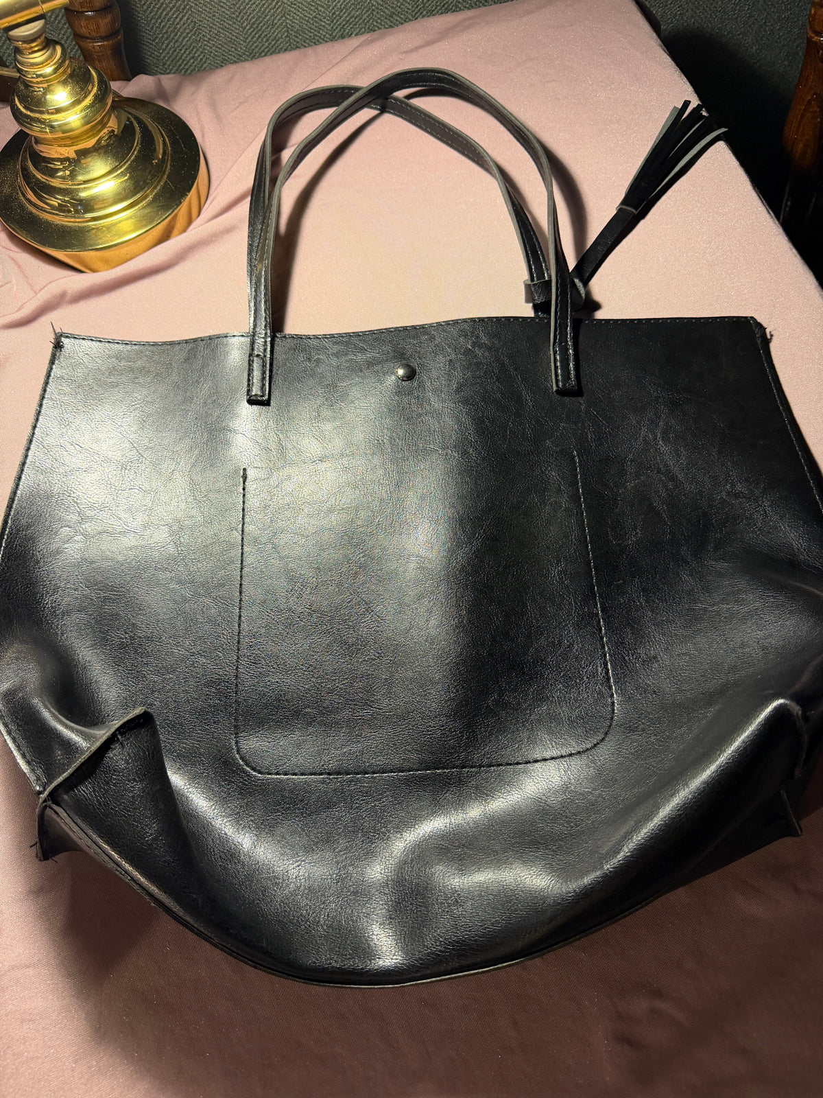 Preloved Large Black Real Leather Tote Bag with Tassel