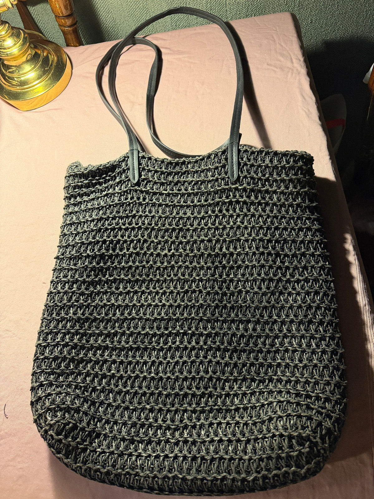 Woven Crochet Tote Bag – Black