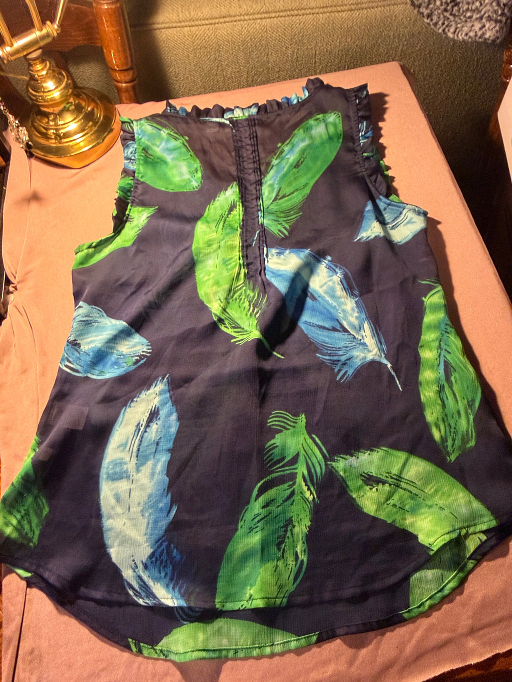 New York & Company Feather Print Ruffle Tank Top