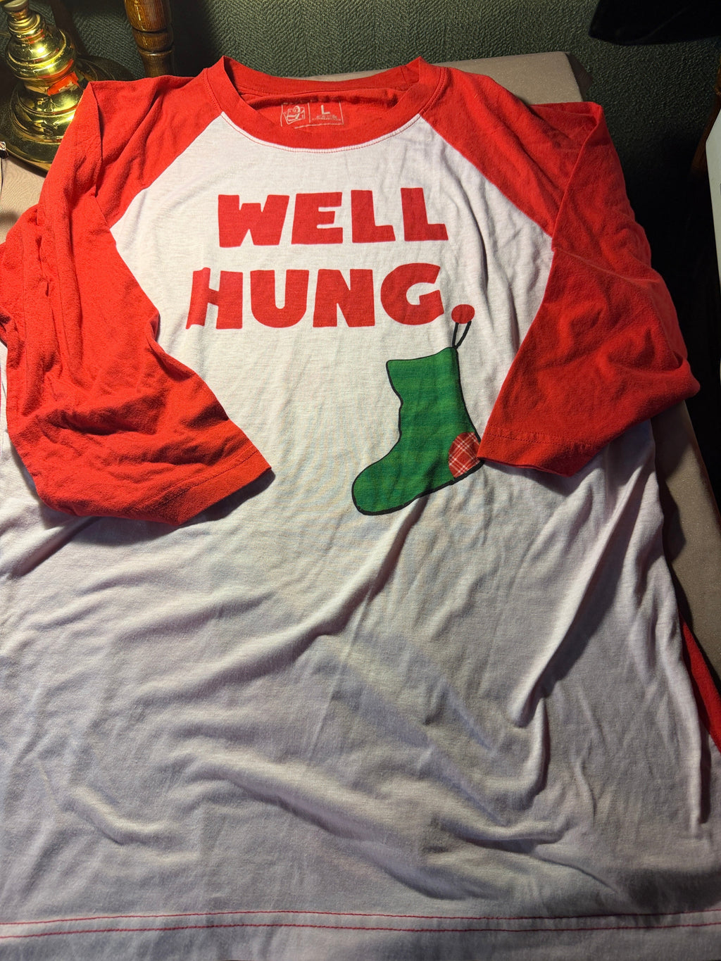 "Well Hung" Christmas Raglan Tee – 21 Threads, Size L