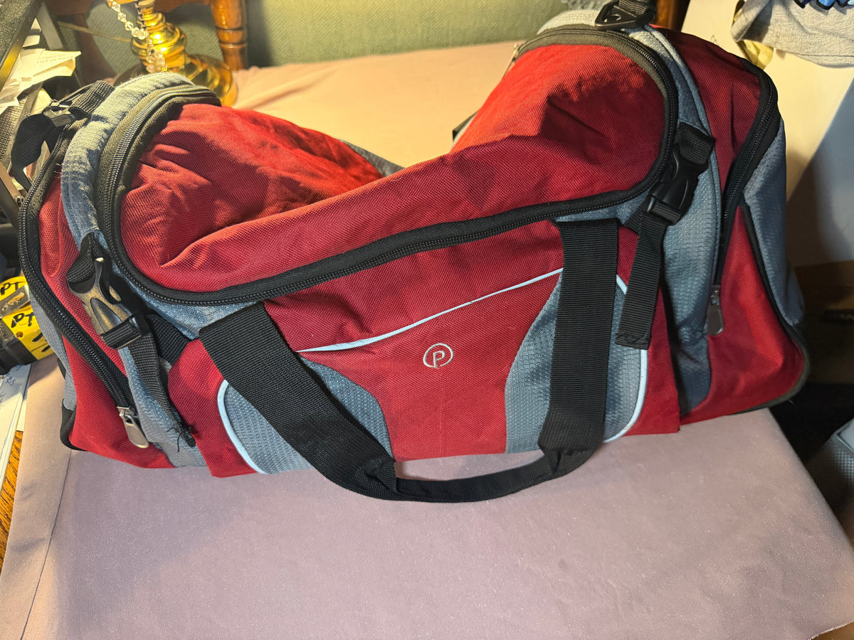 Red & Gray Multi-Pocket Duffel Bag
