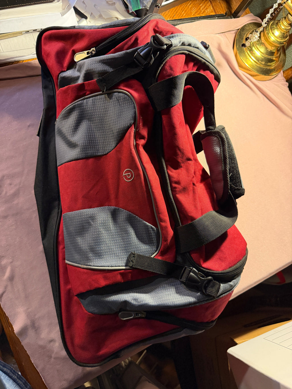 Red & Gray Multi-Pocket Duffel Bag