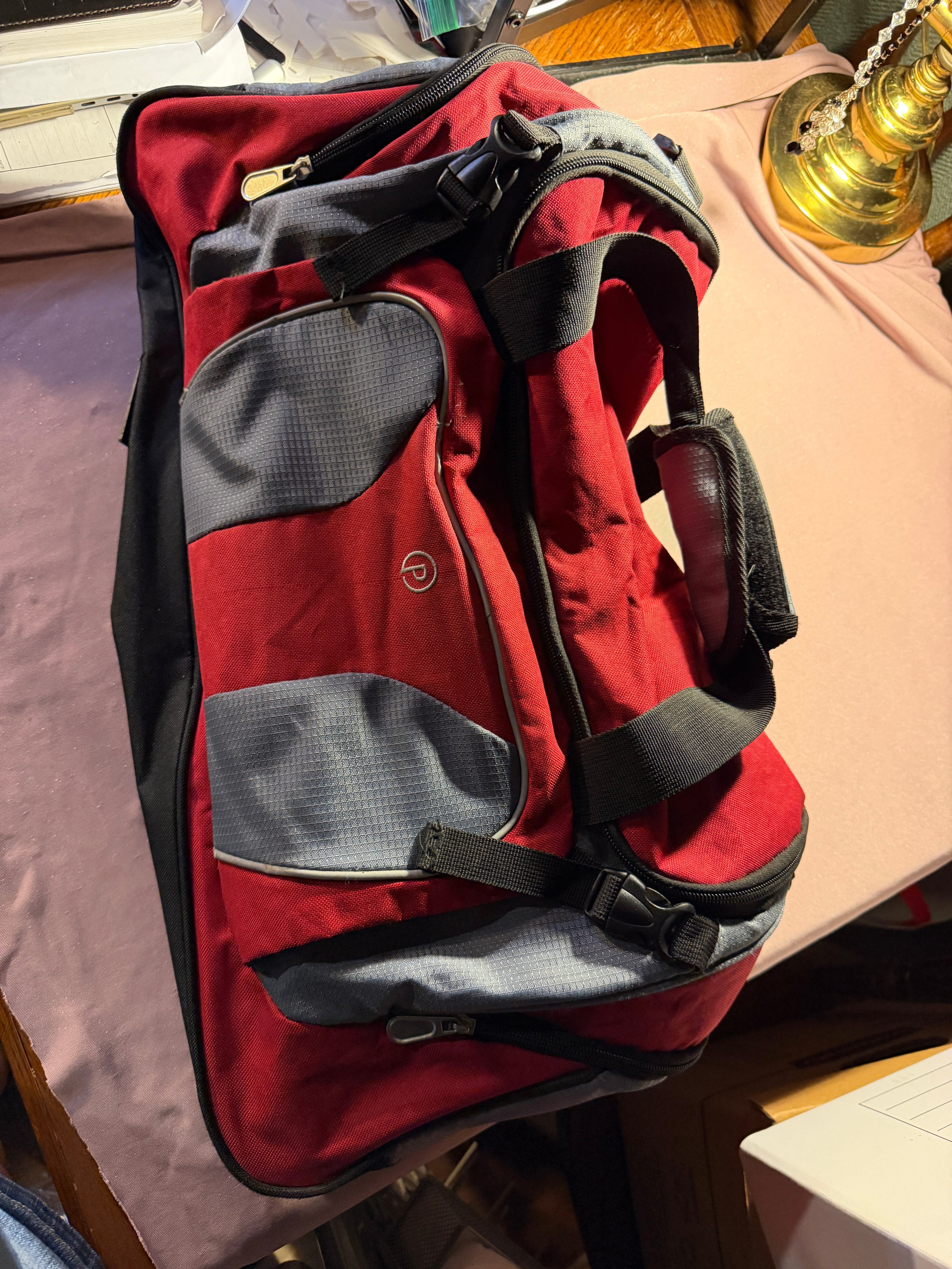 Red & Gray Multi-Pocket Duffel Bag