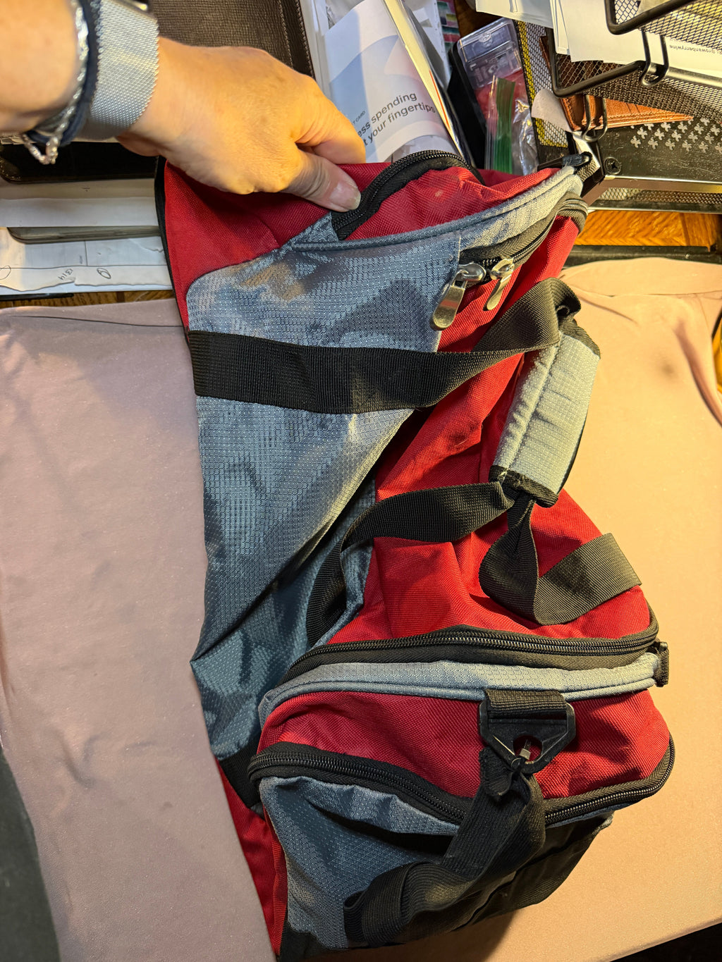 Red & Gray Multi-Pocket Duffel Bag