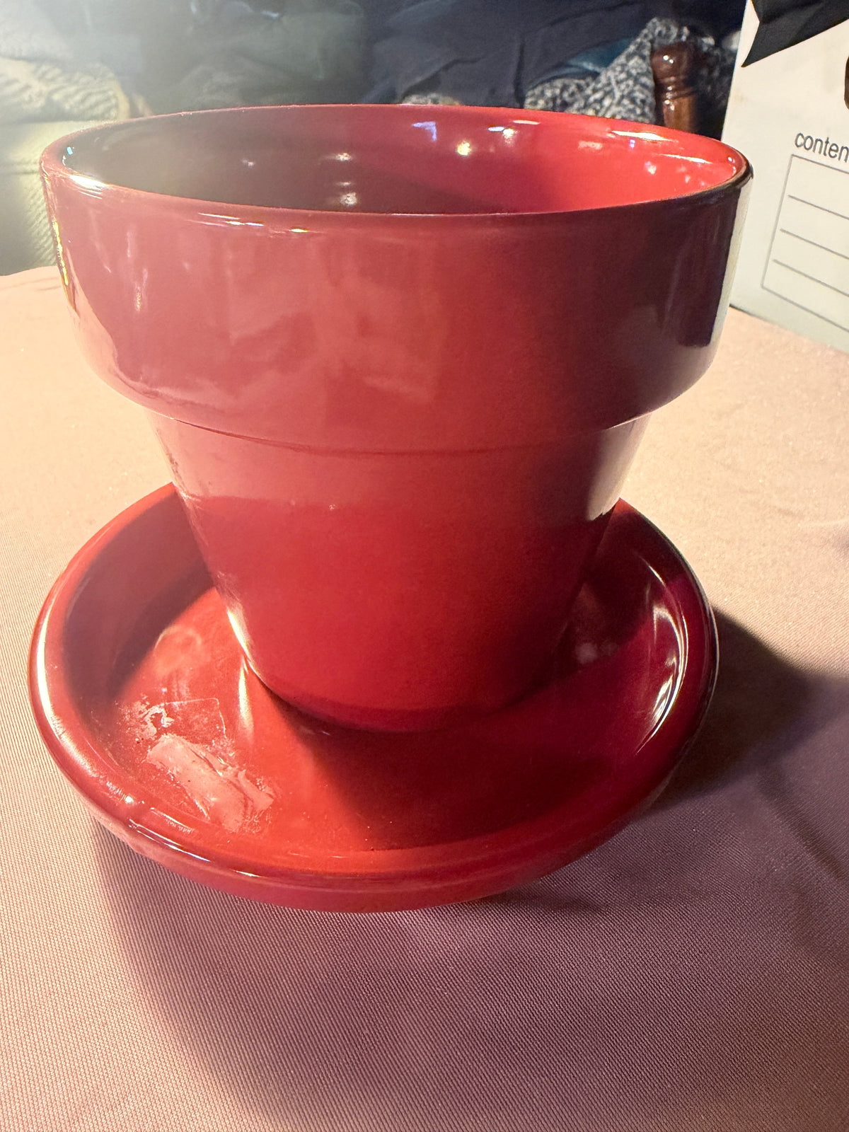 Red Glazed Ceramic Flower Pot with Saucer