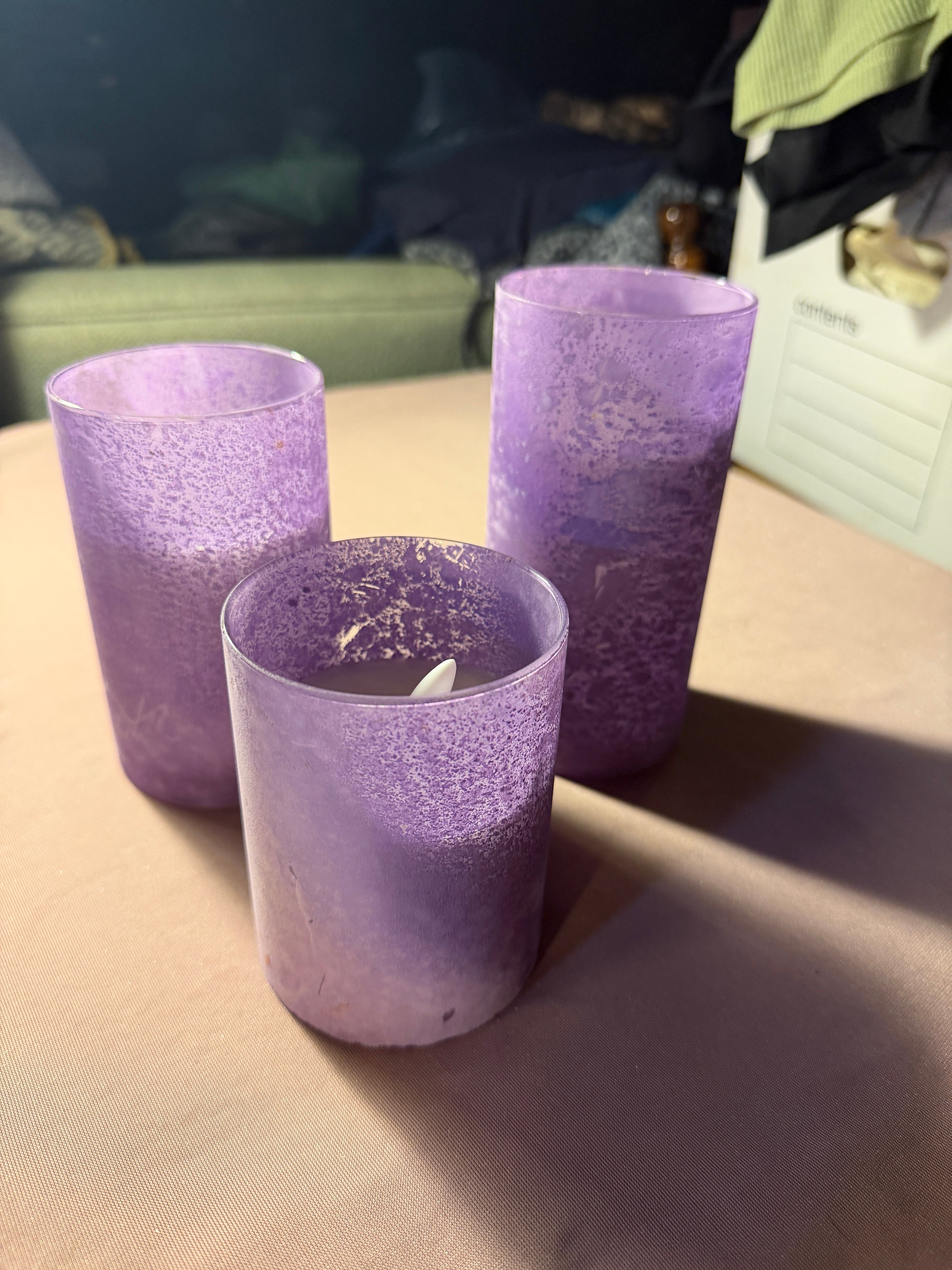 Purple Frosted Glass Candle Set of 3