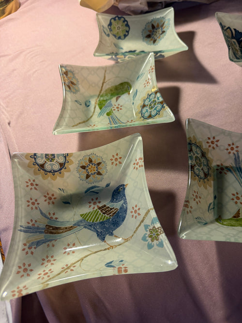 Botanical Bird Glass Trinket Dishes – Set of 6