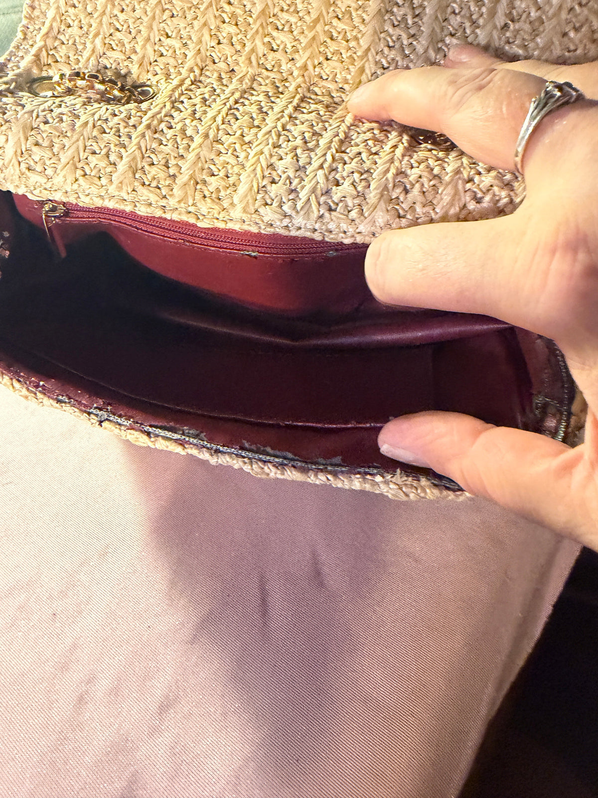 Woven Raffia Flap Bag with Gold Chain Strap