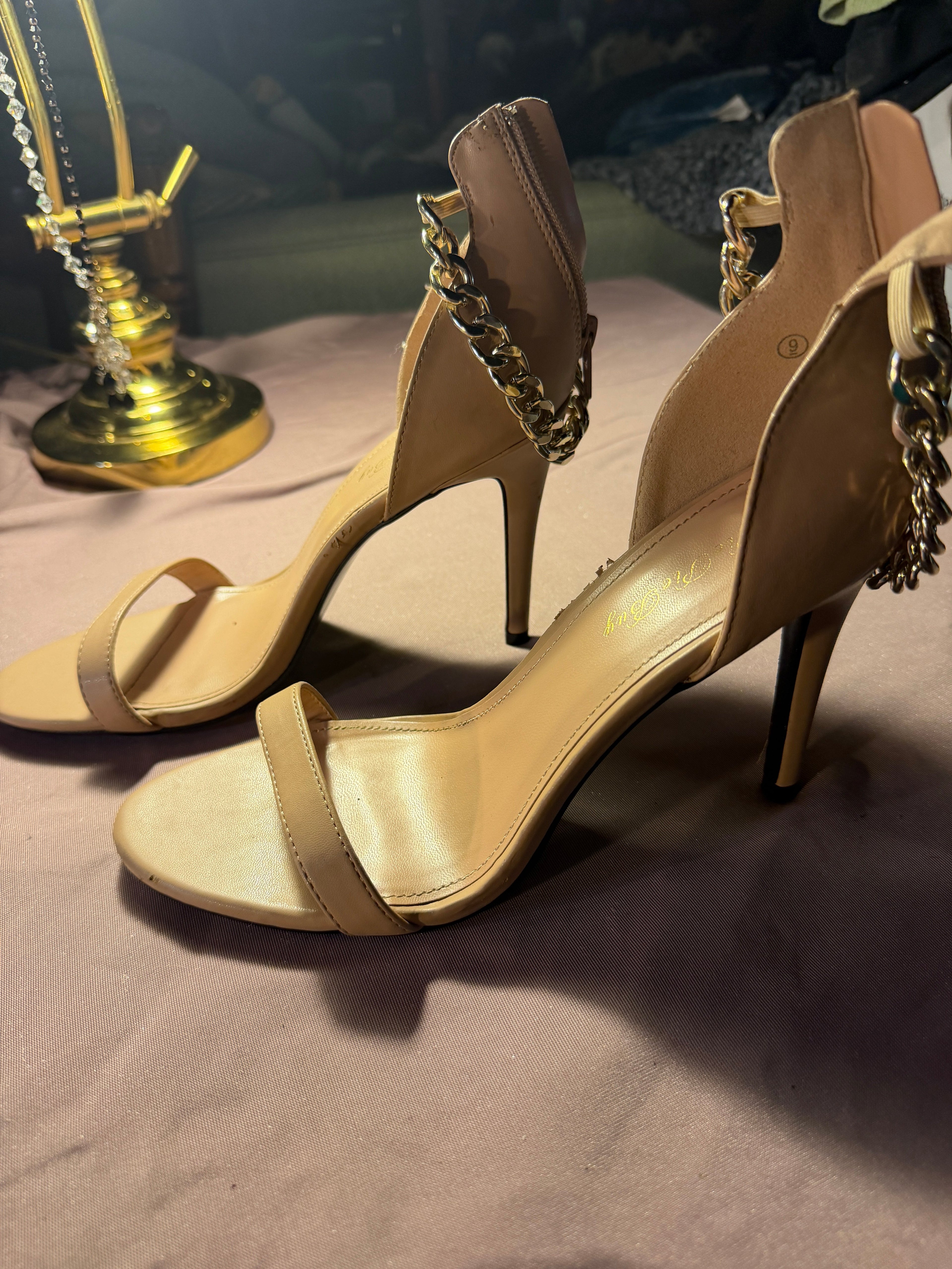 Nude Chain-Strap Stiletto Heels