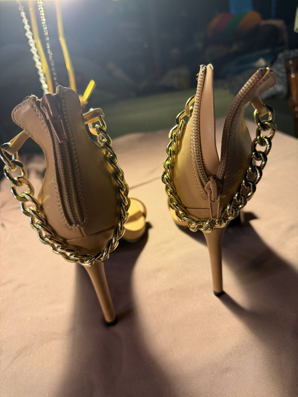 Nude Chain-Strap Stiletto Heels