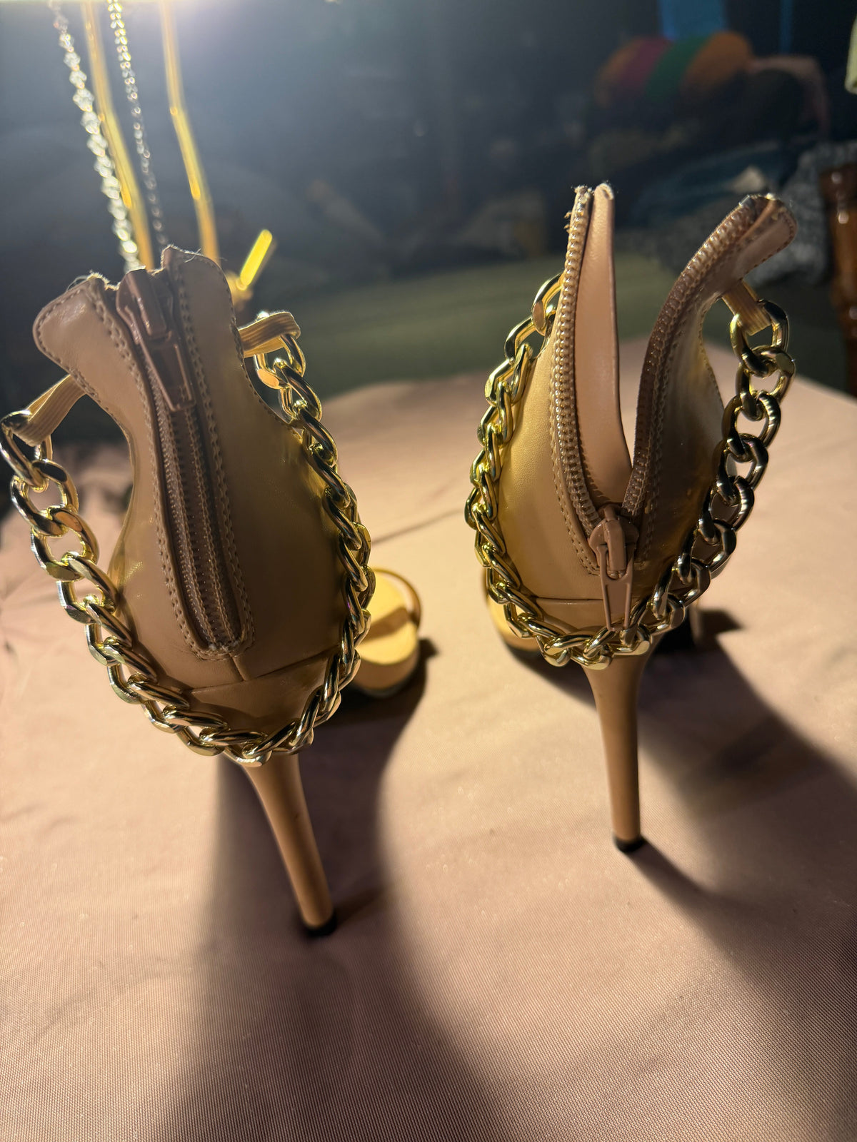 Nude Chain-Strap Stiletto Heels