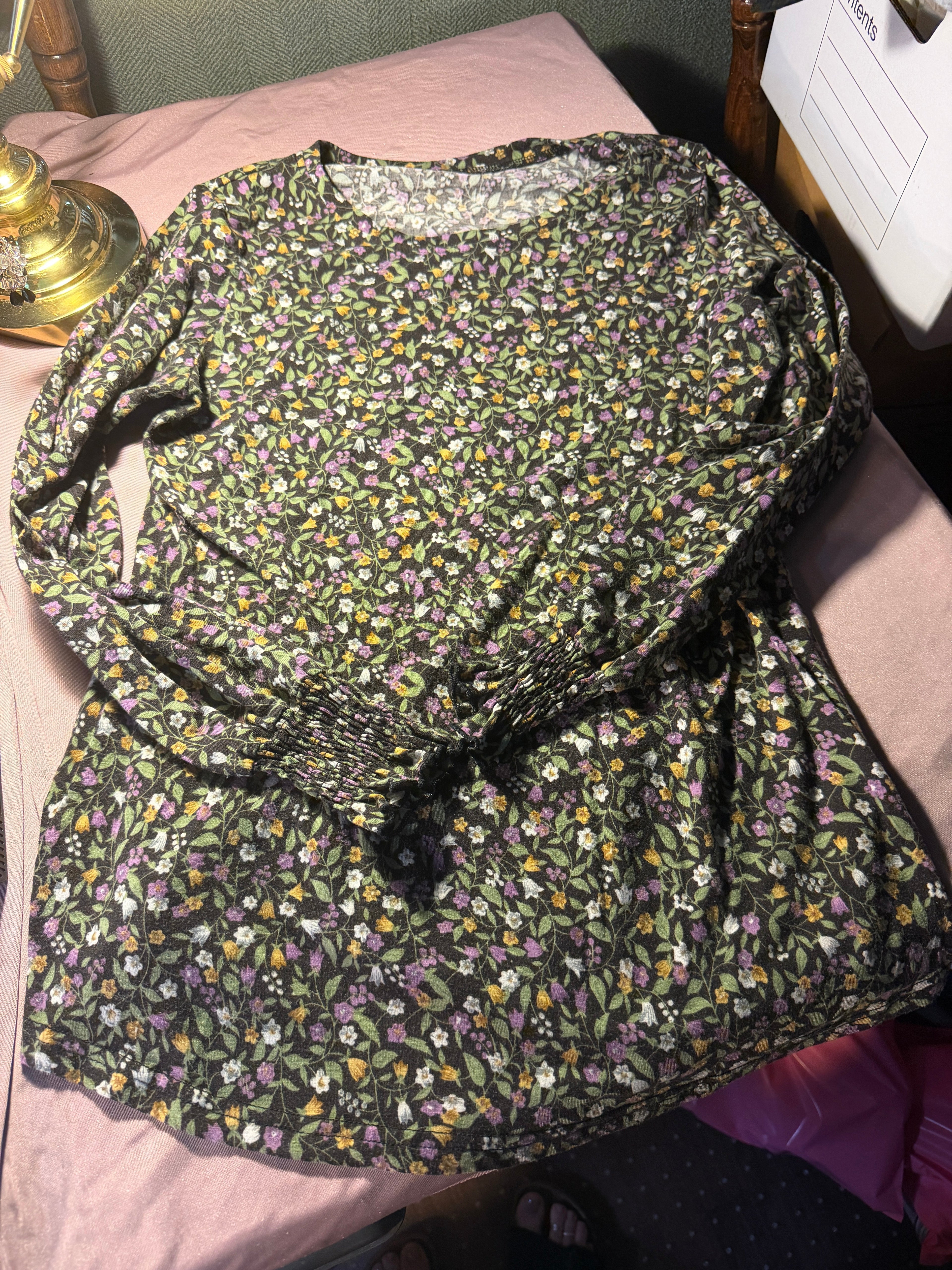 Ditsy Floral Smocked Waist Long Sleeve Blouse - Size M
