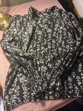 Black & White Botanical Print Smocked Waist Blouse with Ruffle Neck