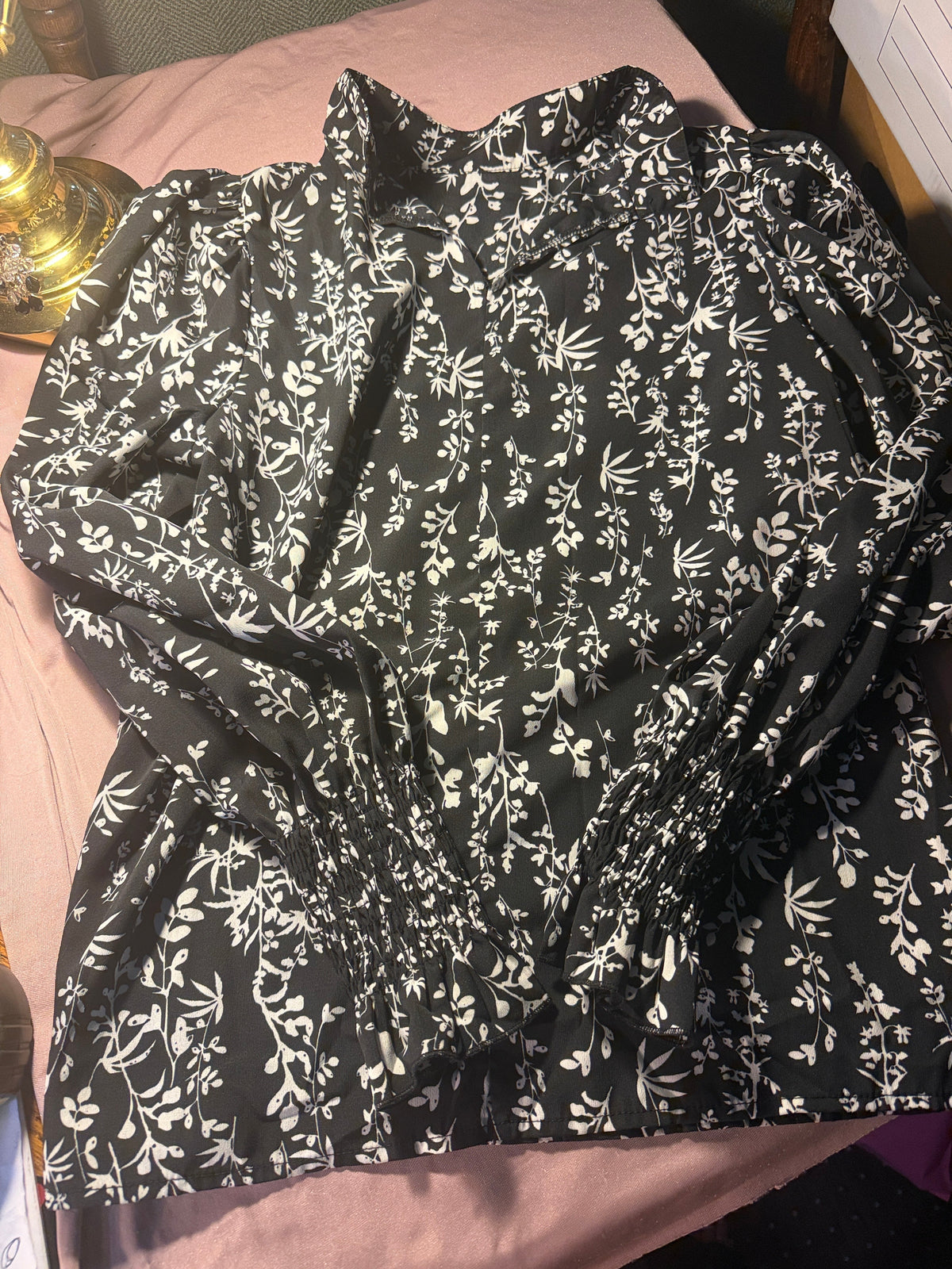 Black & White Botanical Print Smocked Waist Blouse with Ruffle Neck