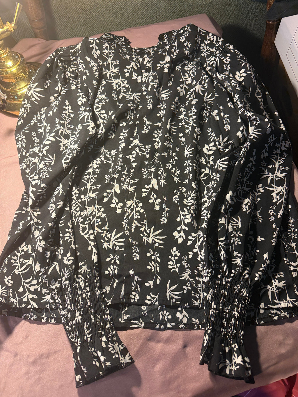 Black & White Botanical Print Smocked Waist Blouse with Ruffle Neck