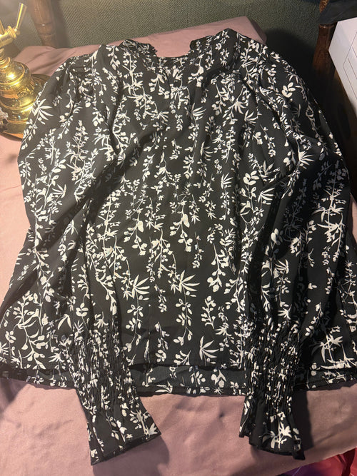 Black & White Botanical Print Smocked Waist Blouse with Ruffle Neck