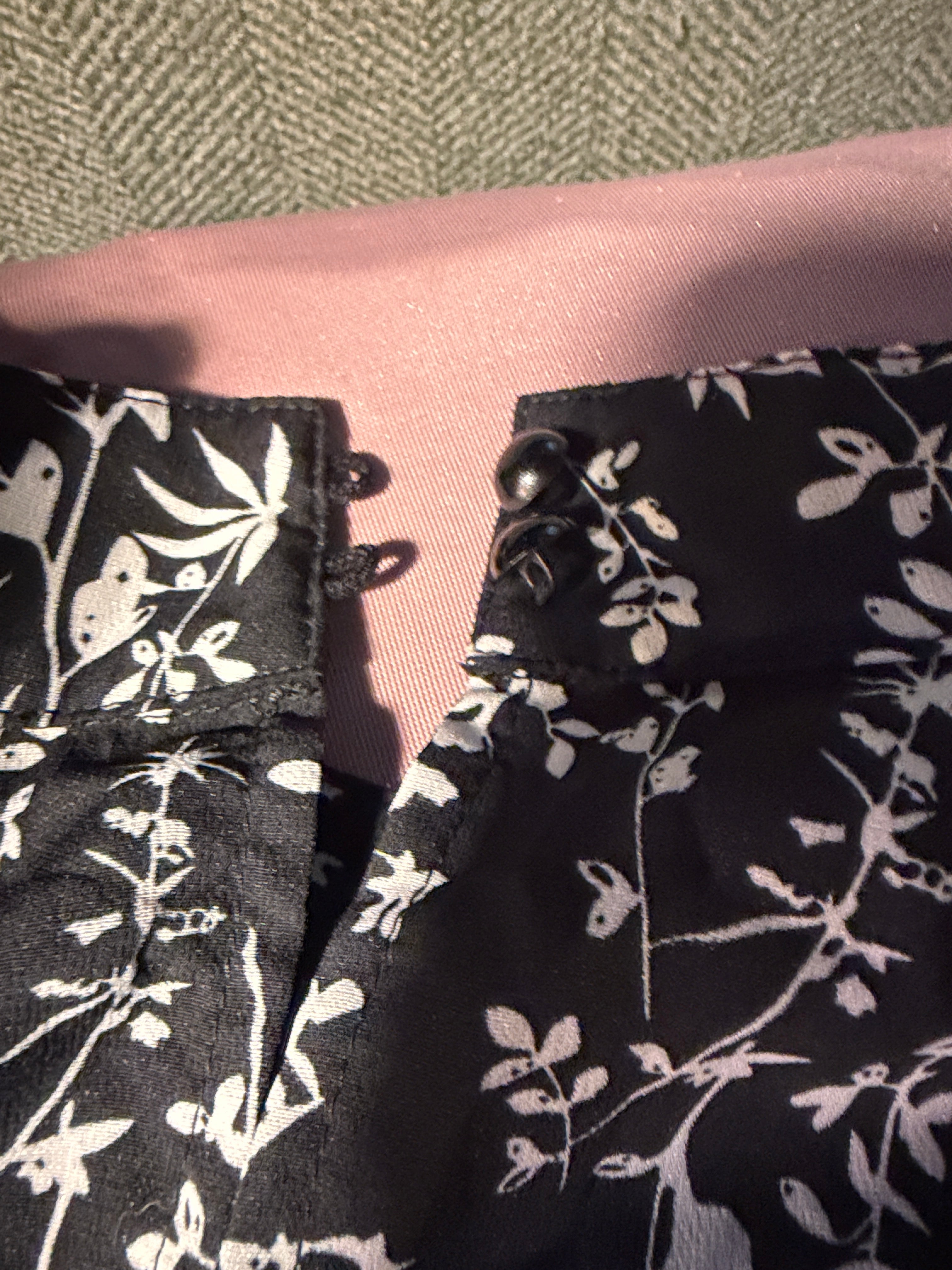 Black & White Botanical Print Smocked Waist Blouse with Ruffle Neck
