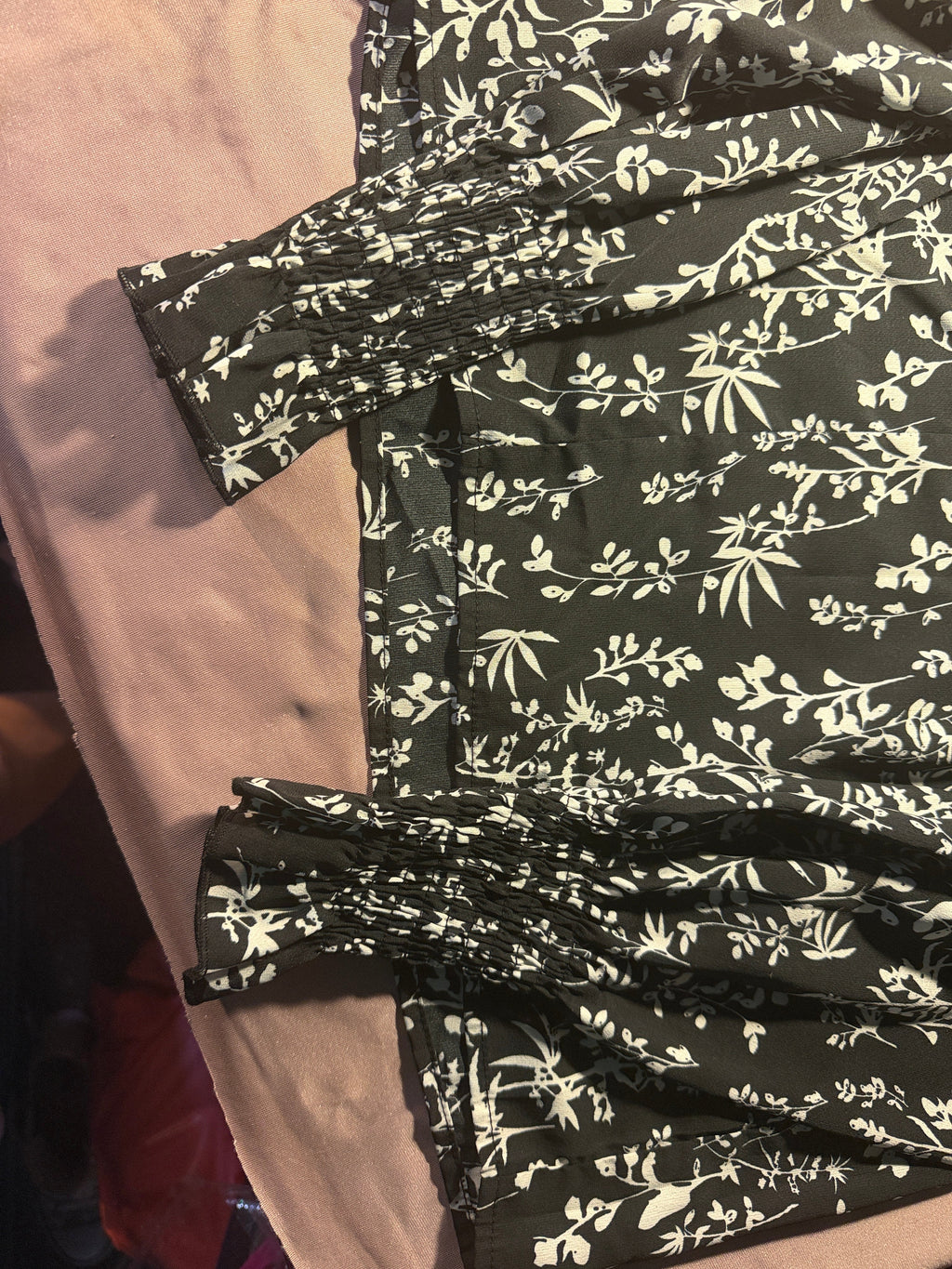 Black & White Botanical Print Smocked Waist Blouse with Ruffle Neck