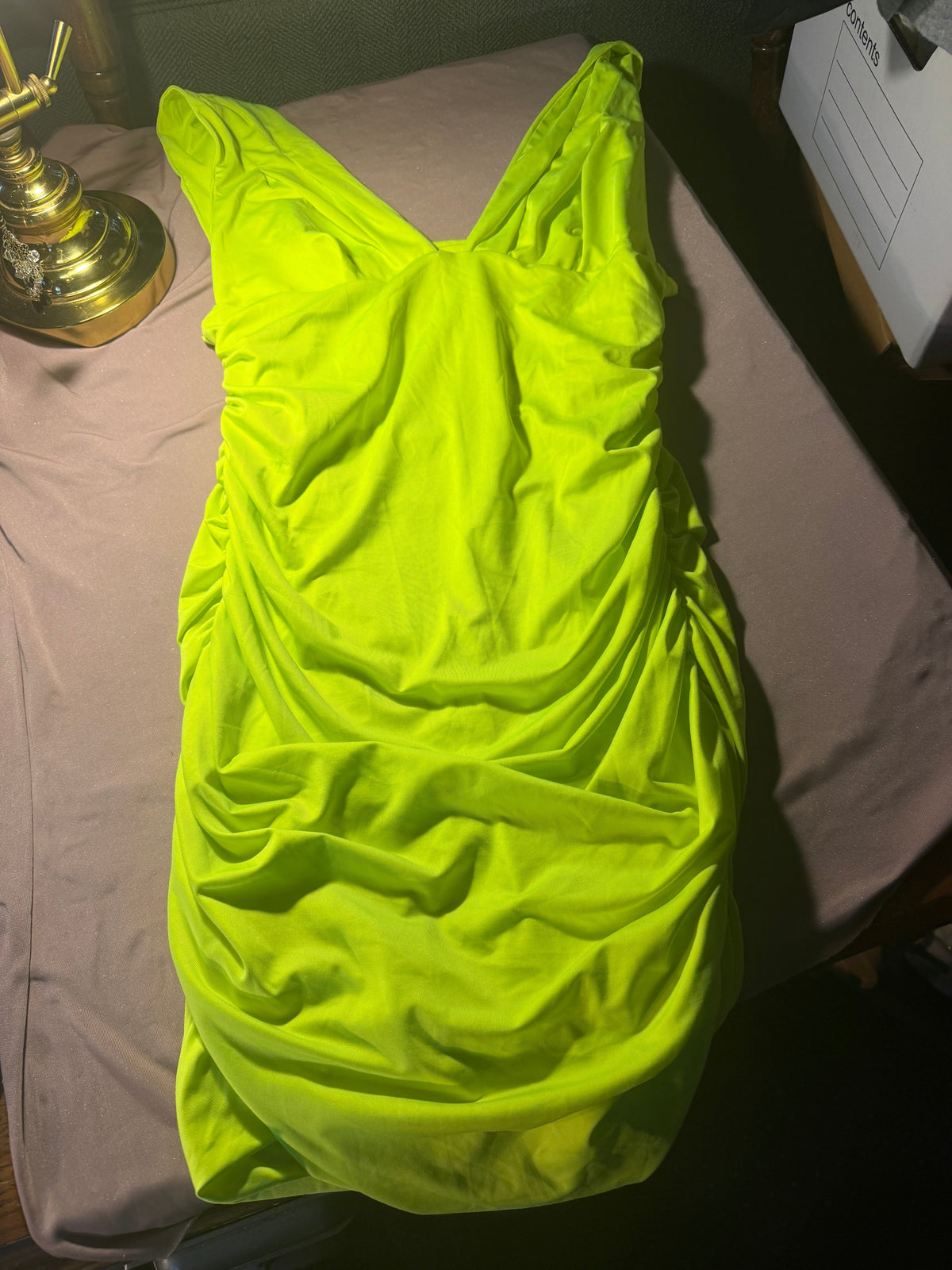 Neon Yellow-Green Ruched Mini Dress – Size L