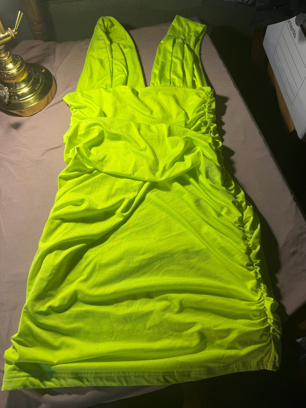 Neon Yellow-Green Ruched Mini Dress – Size L