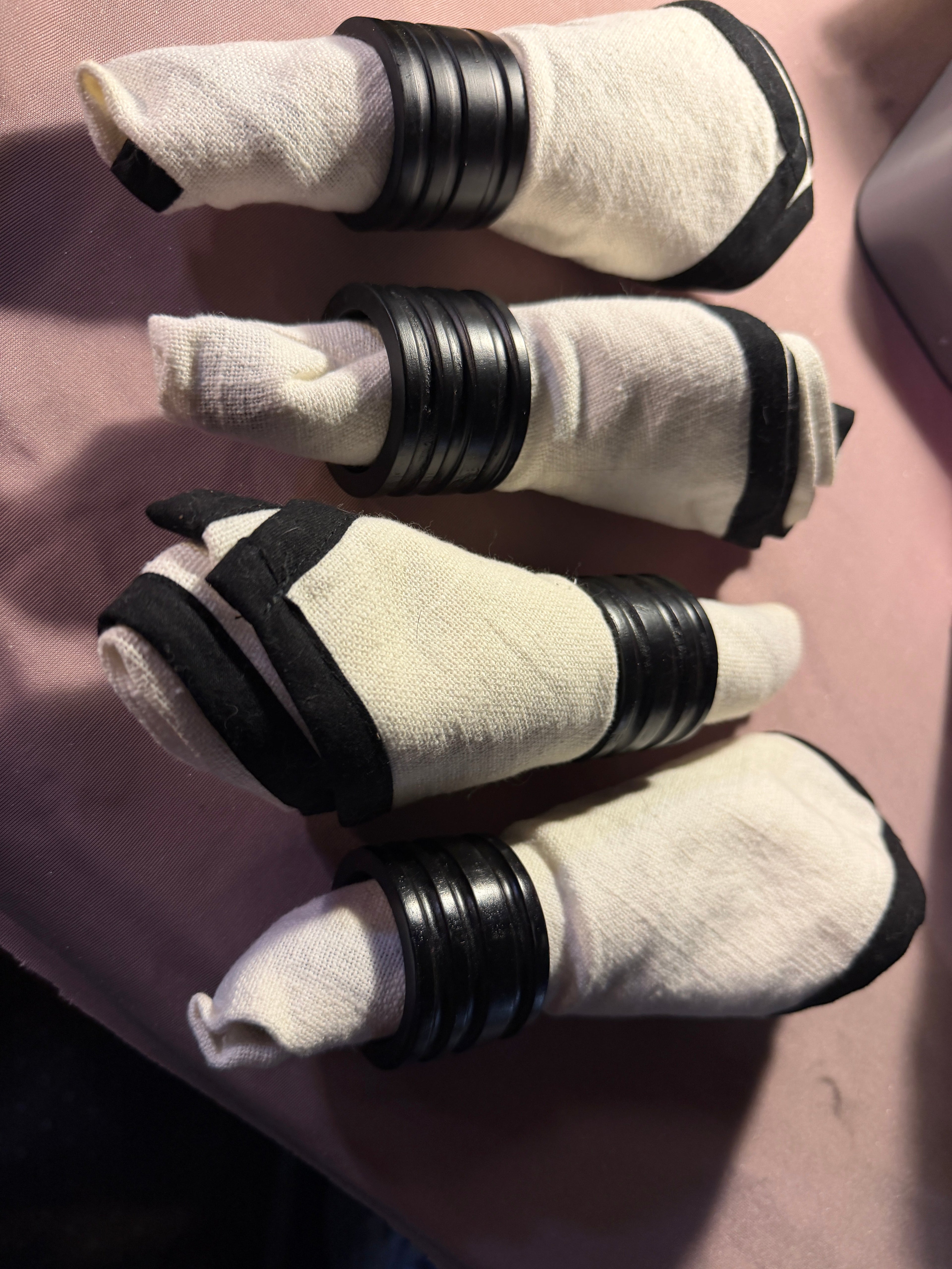 Black & Cream Linen Napkins with Black Ridged Napkin Rings — Set of 4