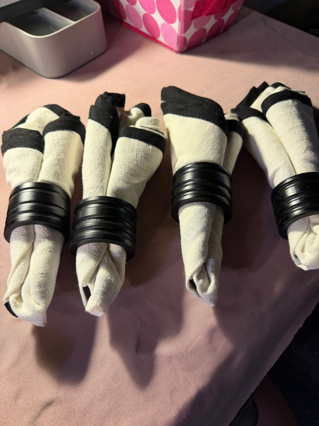 Black & Cream Linen Napkins with Black Ridged Napkin Rings — Set of 4