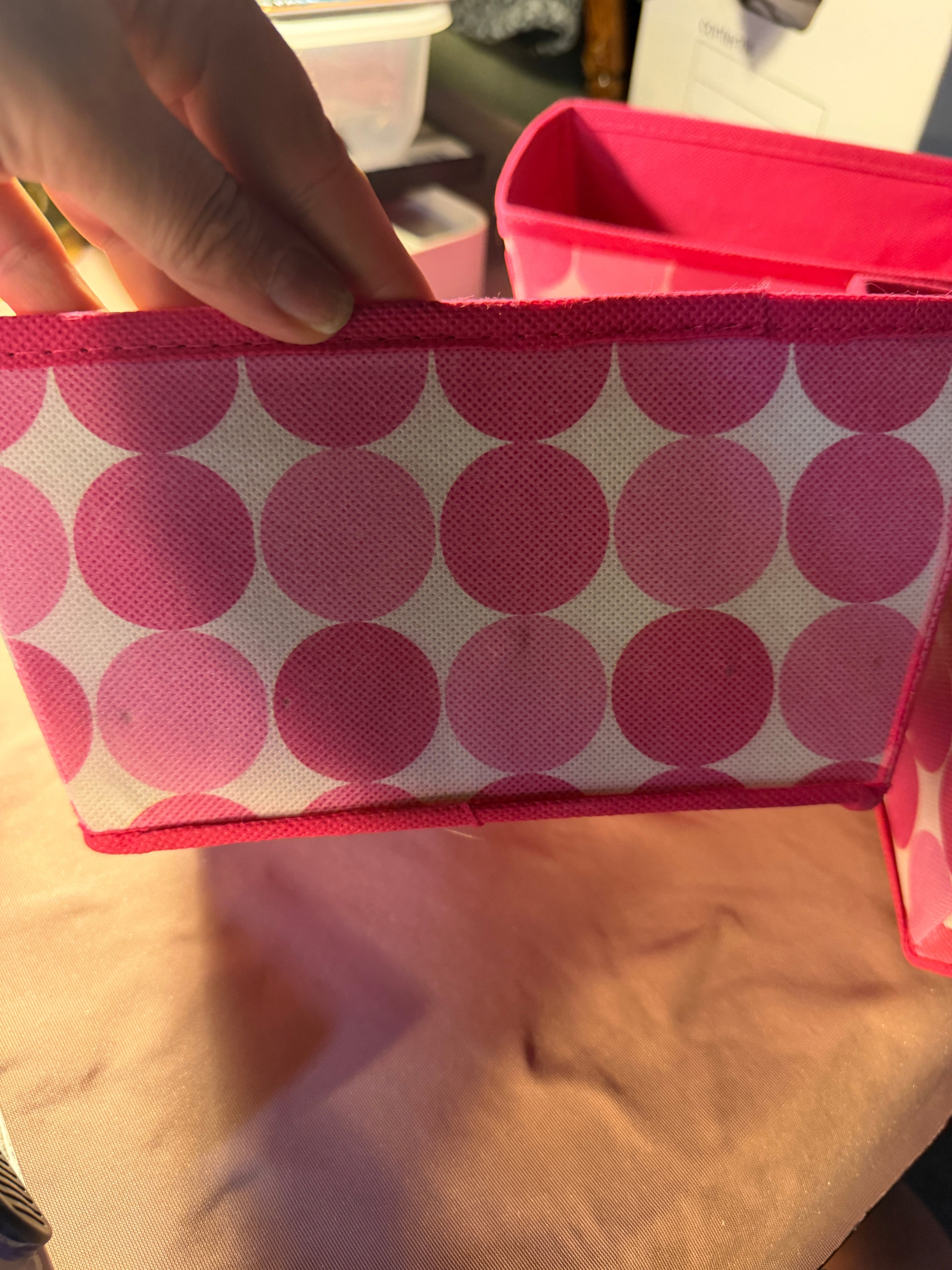Pink Polka Dot Fabric Storage Bins — Set of 3, ~8"L x 6"W x 6"H