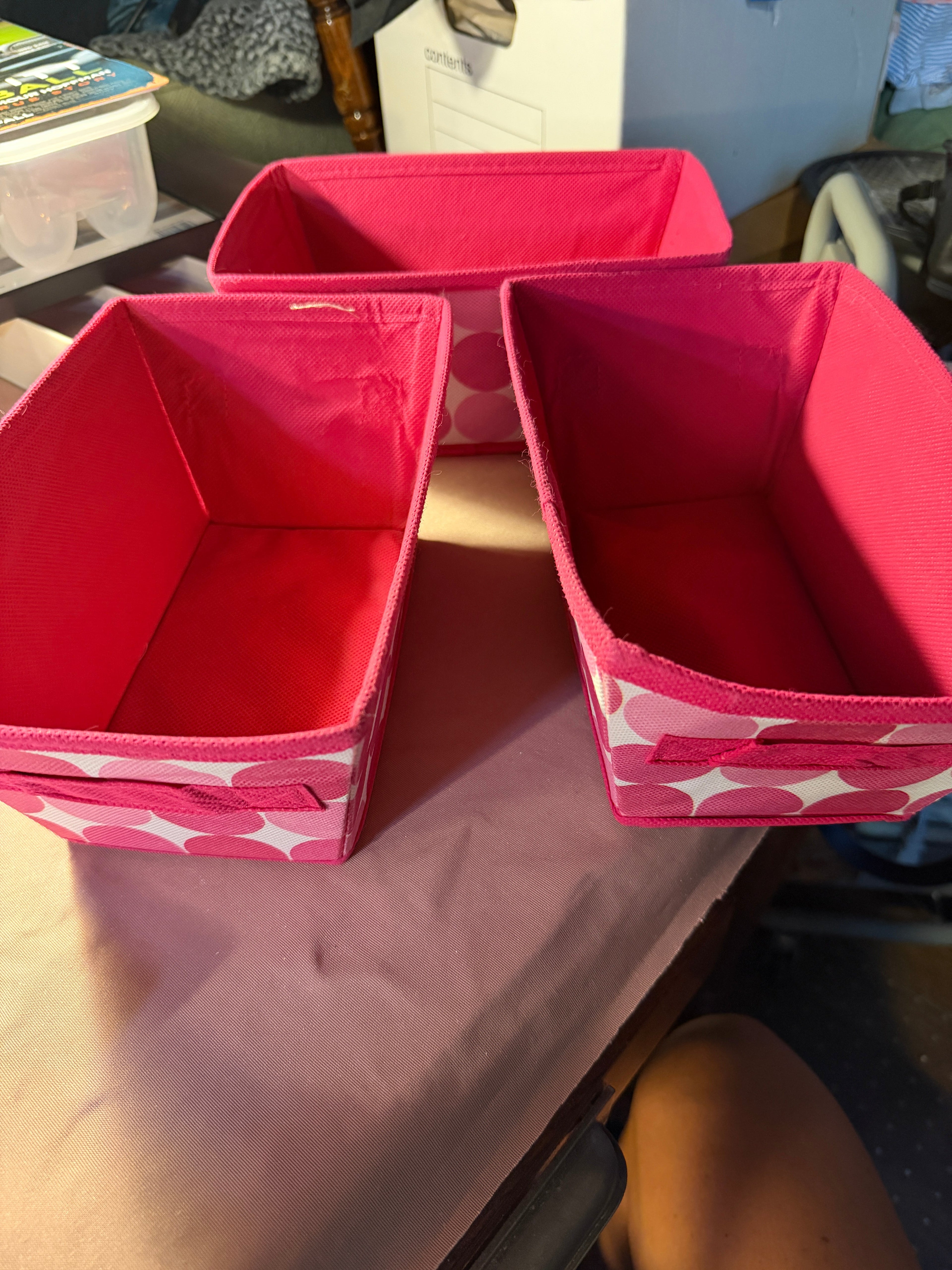 Pink Polka Dot Fabric Storage Bins — Set of 3, ~8"L x 6"W x 6"H