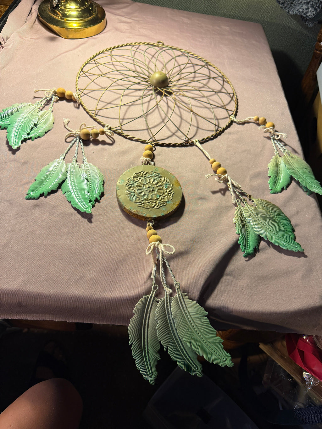 Boho Green & Gold Dream Catcher Wall Hanging with Feathers & Mandala Medallion