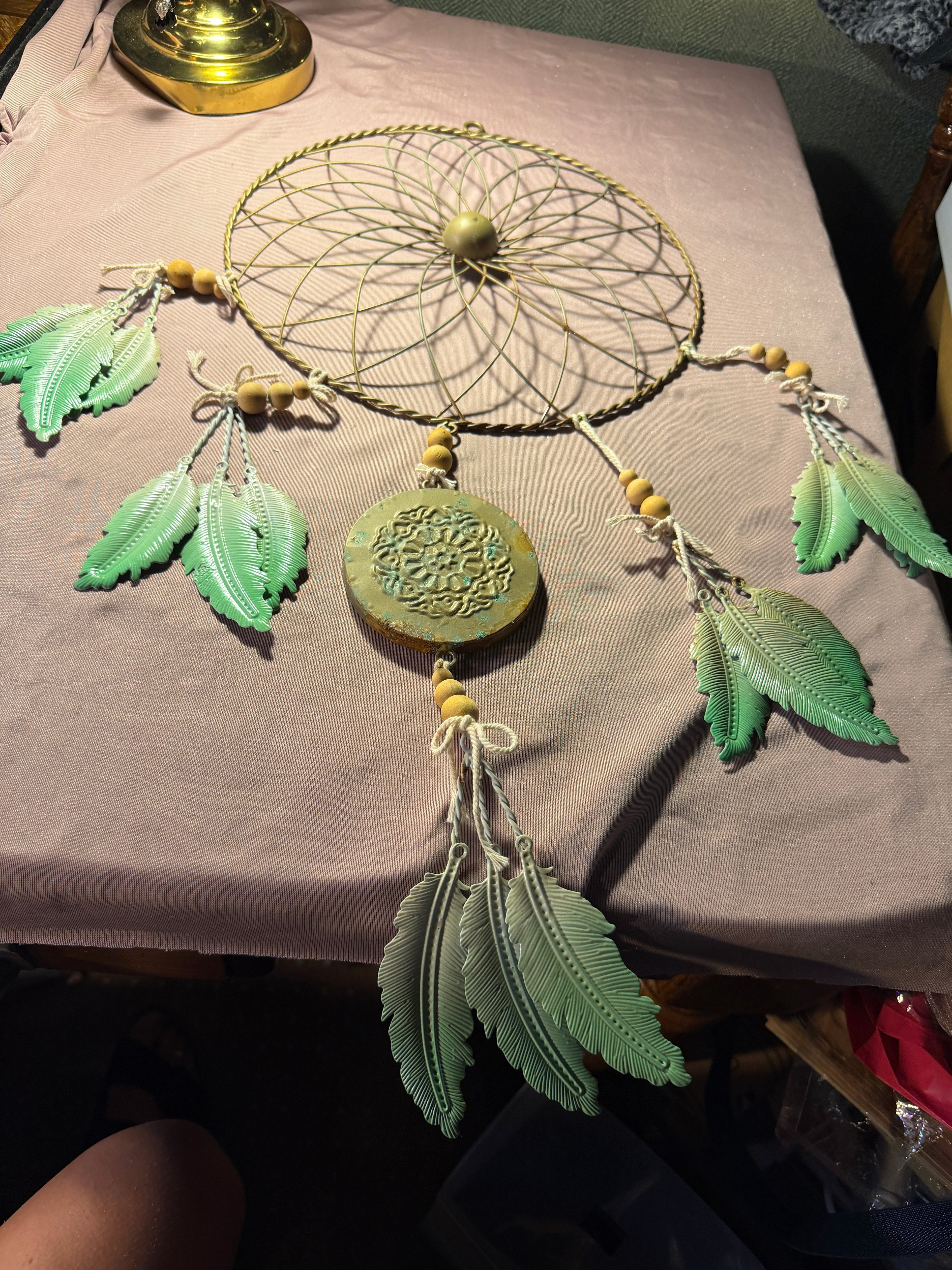 Boho Green & Gold Dream Catcher Wall Hanging with Feathers & Mandala Medallion