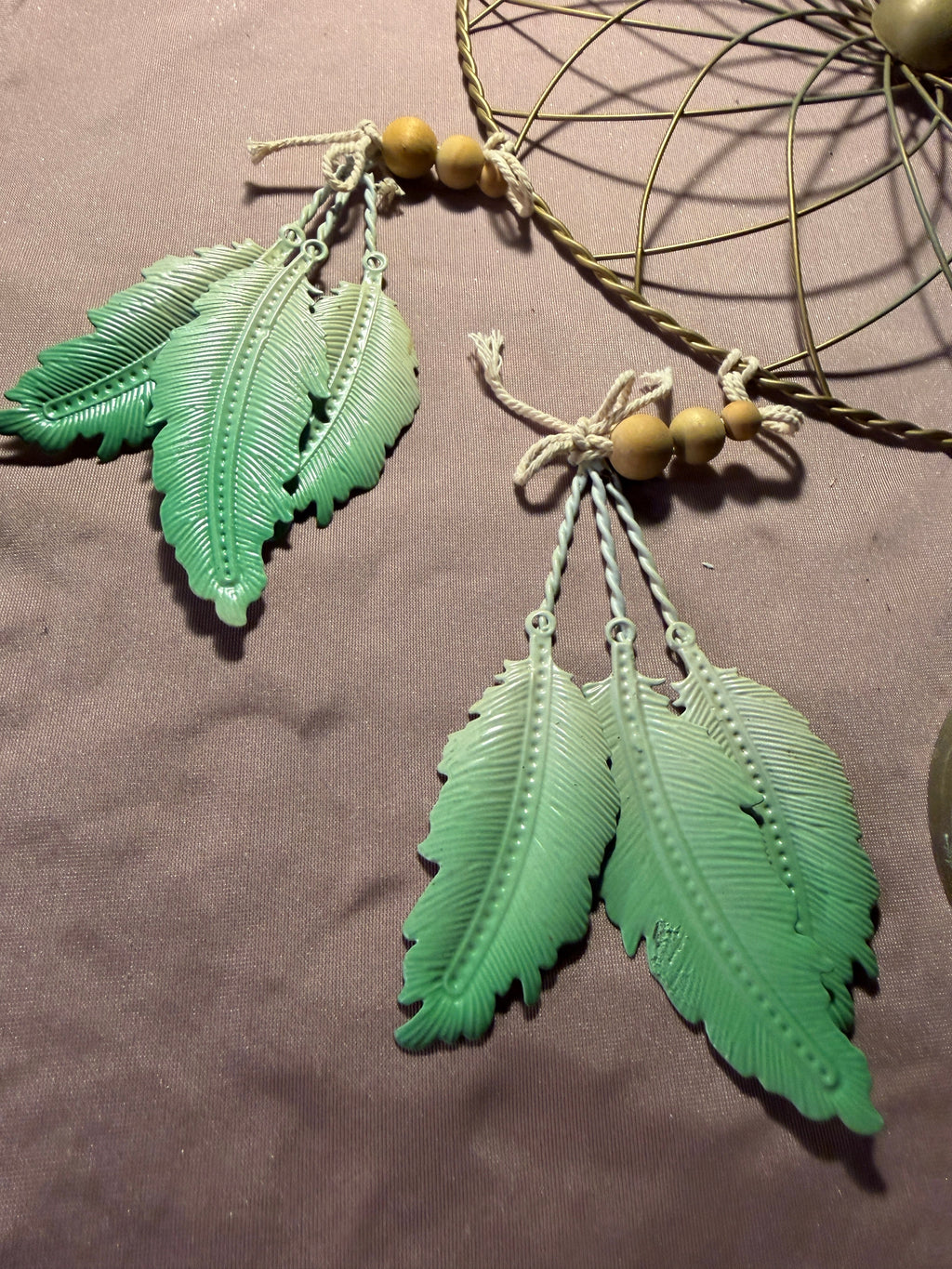 Boho Green & Gold Dream Catcher Wall Hanging with Feathers & Mandala Medallion