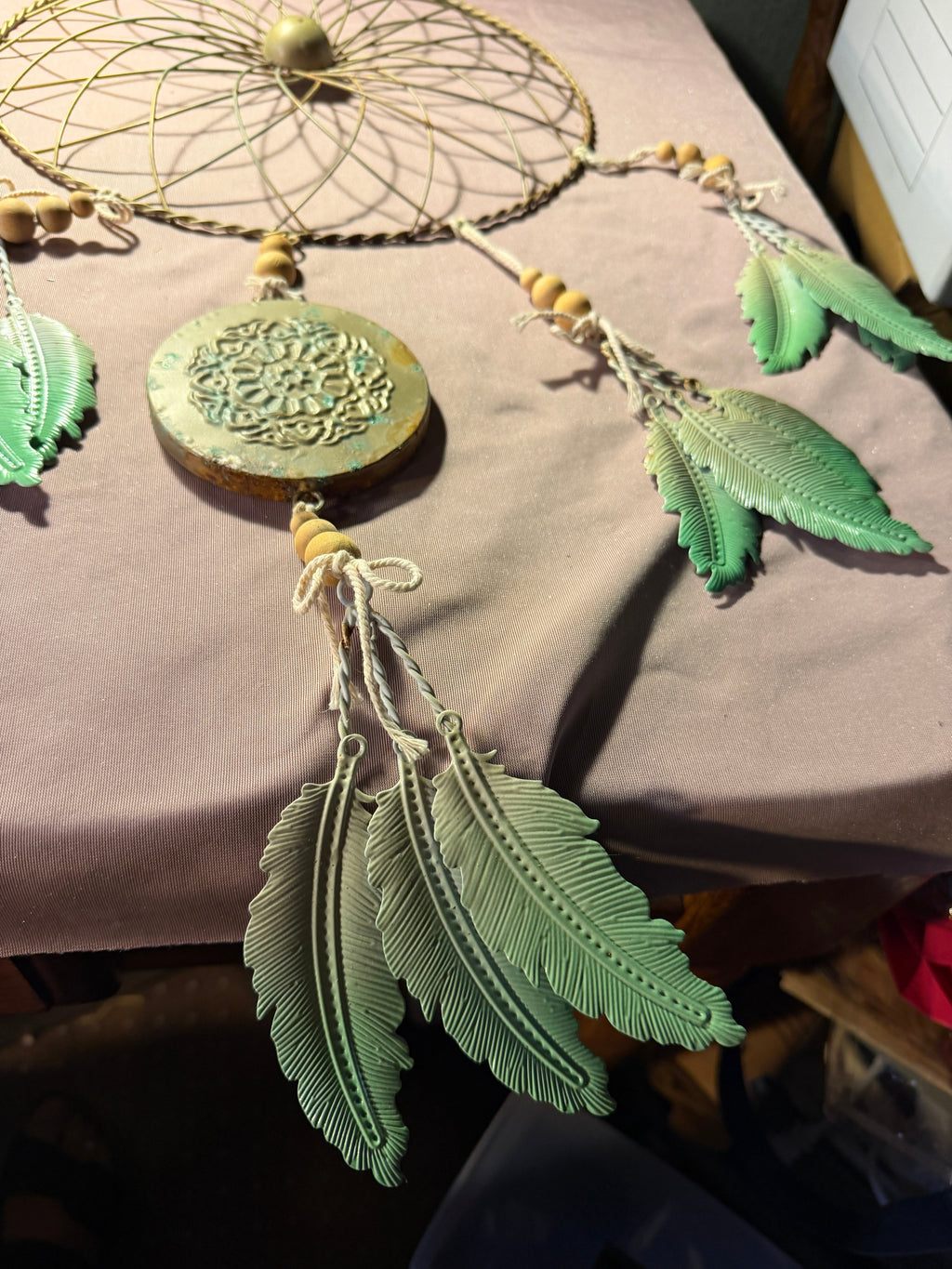 Boho Green & Gold Dream Catcher Wall Hanging with Feathers & Mandala Medallion