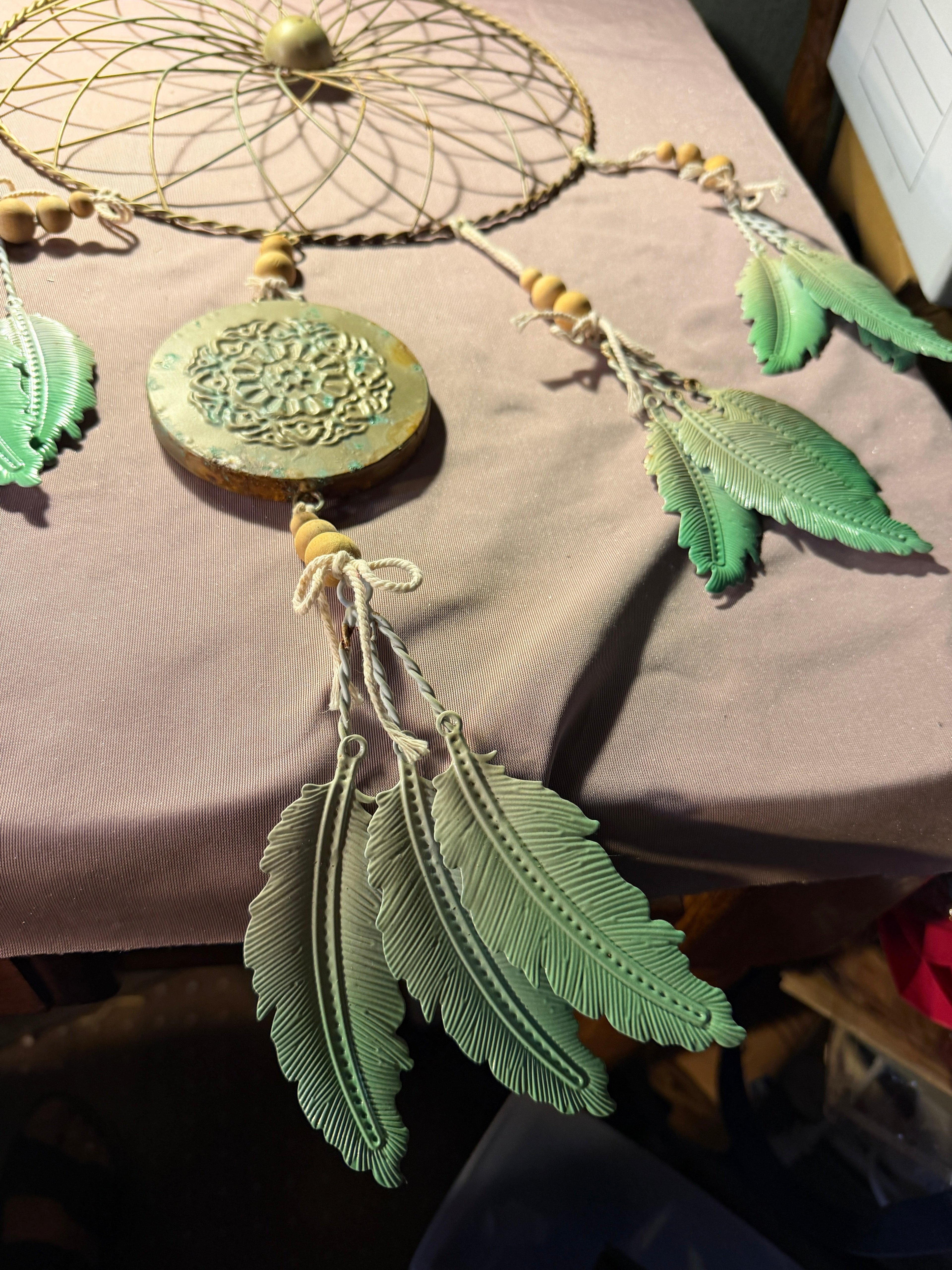 Boho Green & Gold Dream Catcher Wall Hanging with Feathers & Mandala Medallion