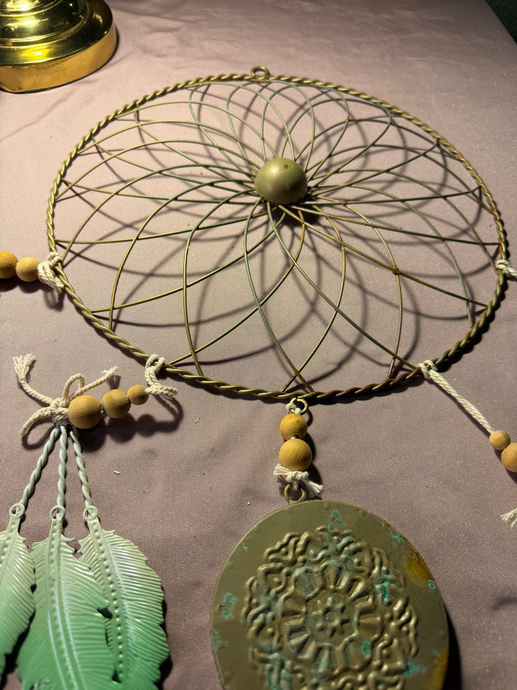 Boho Green & Gold Dream Catcher Wall Hanging with Feathers & Mandala Medallion