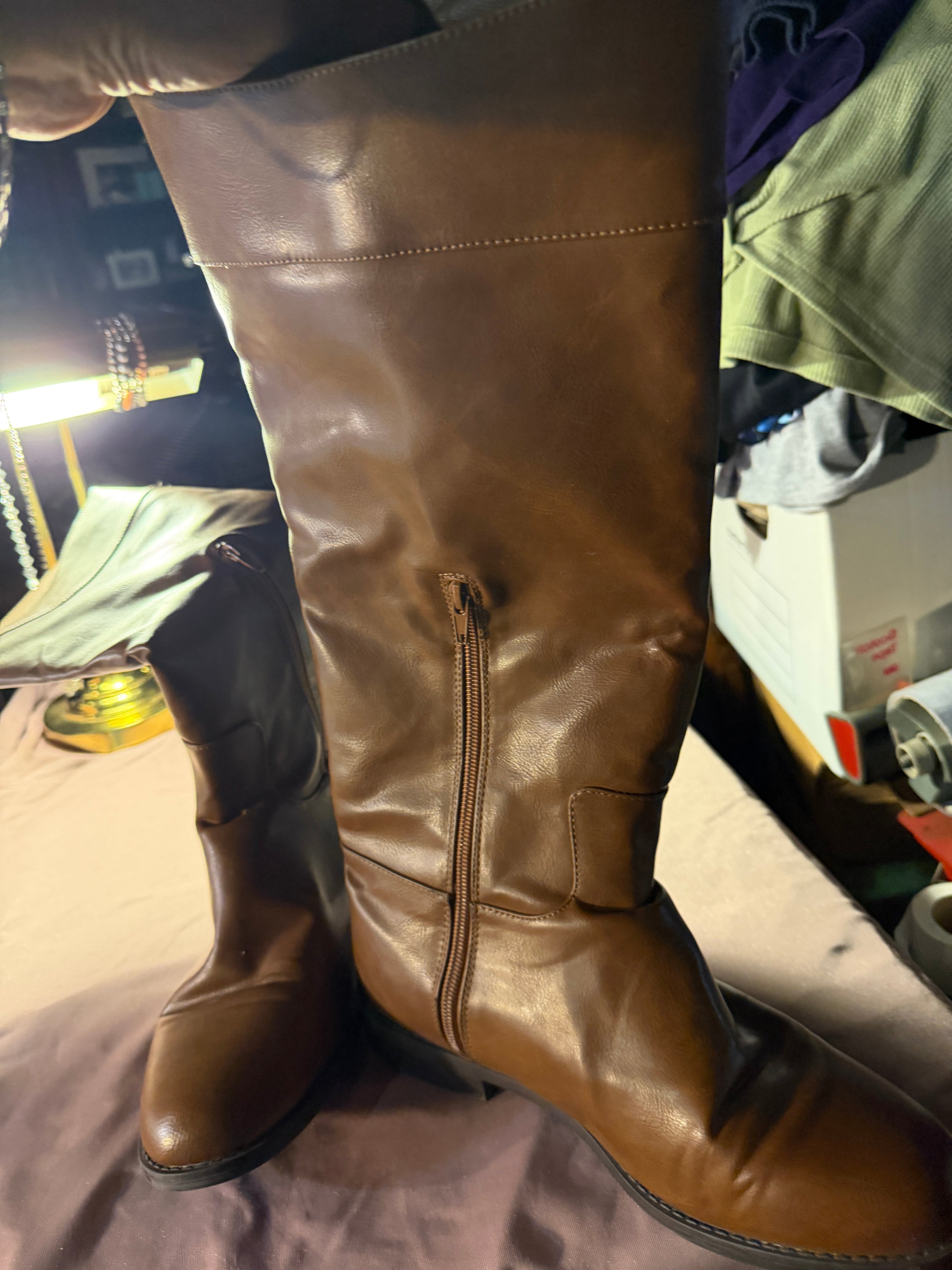 Brown Tall Leather Riding Boots with Side Zip