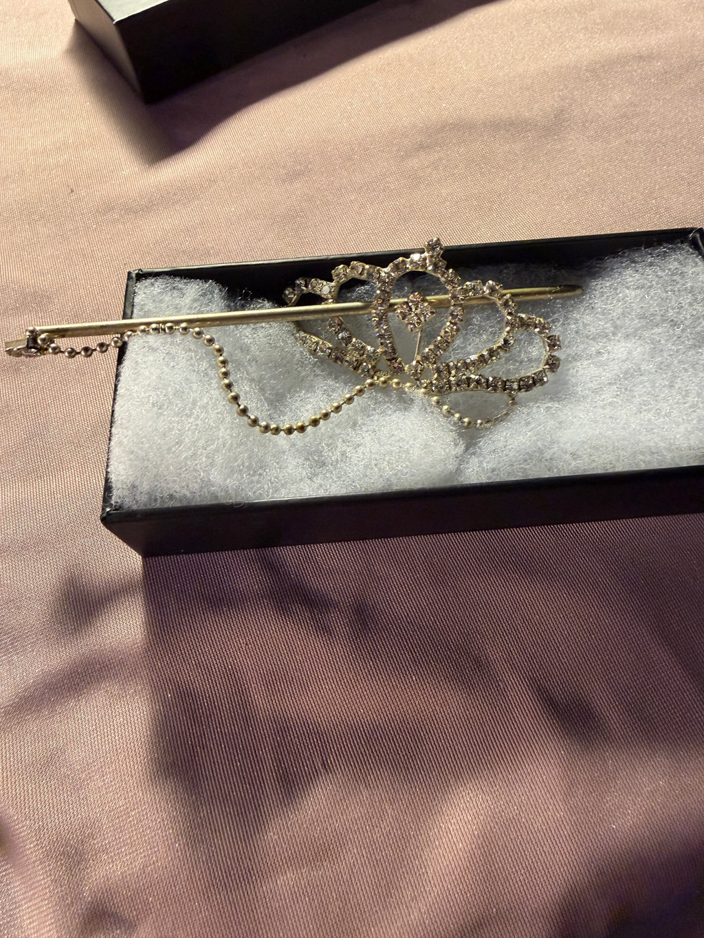 Silver Rhinestone Crown Tiara Brooch with Bead Chain