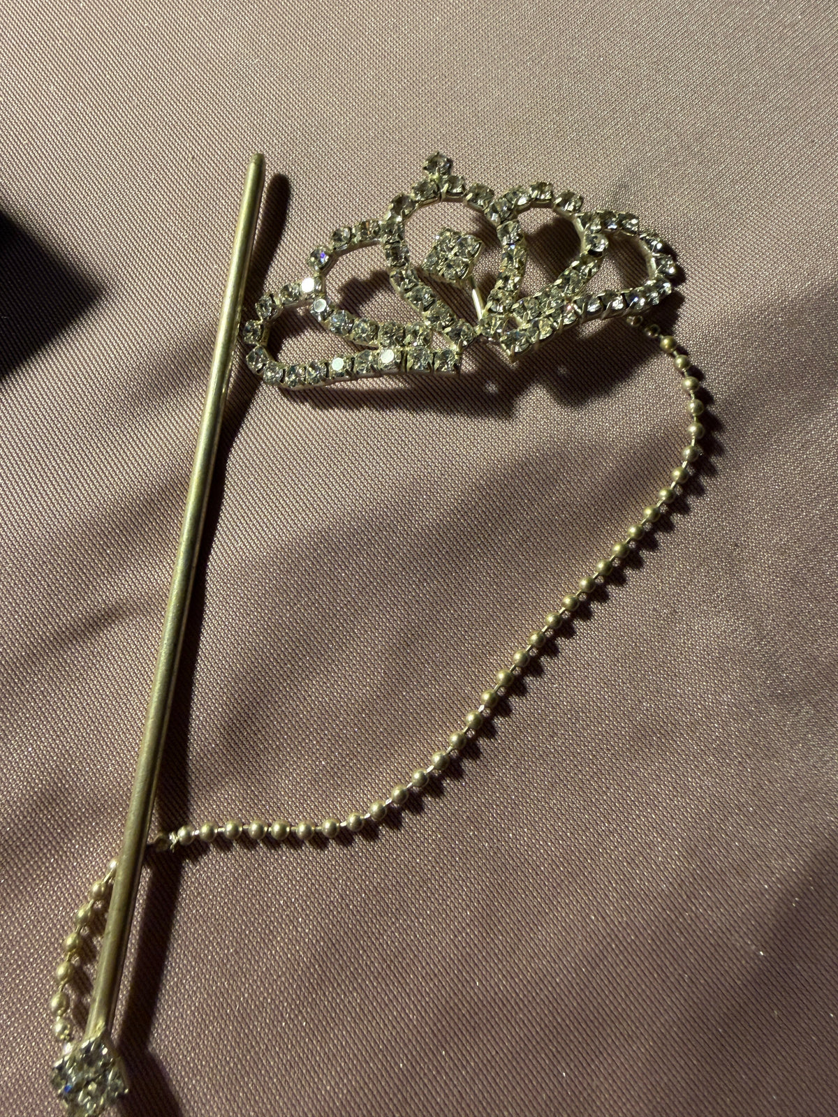 Silver Rhinestone Crown Tiara Brooch with Bead Chain